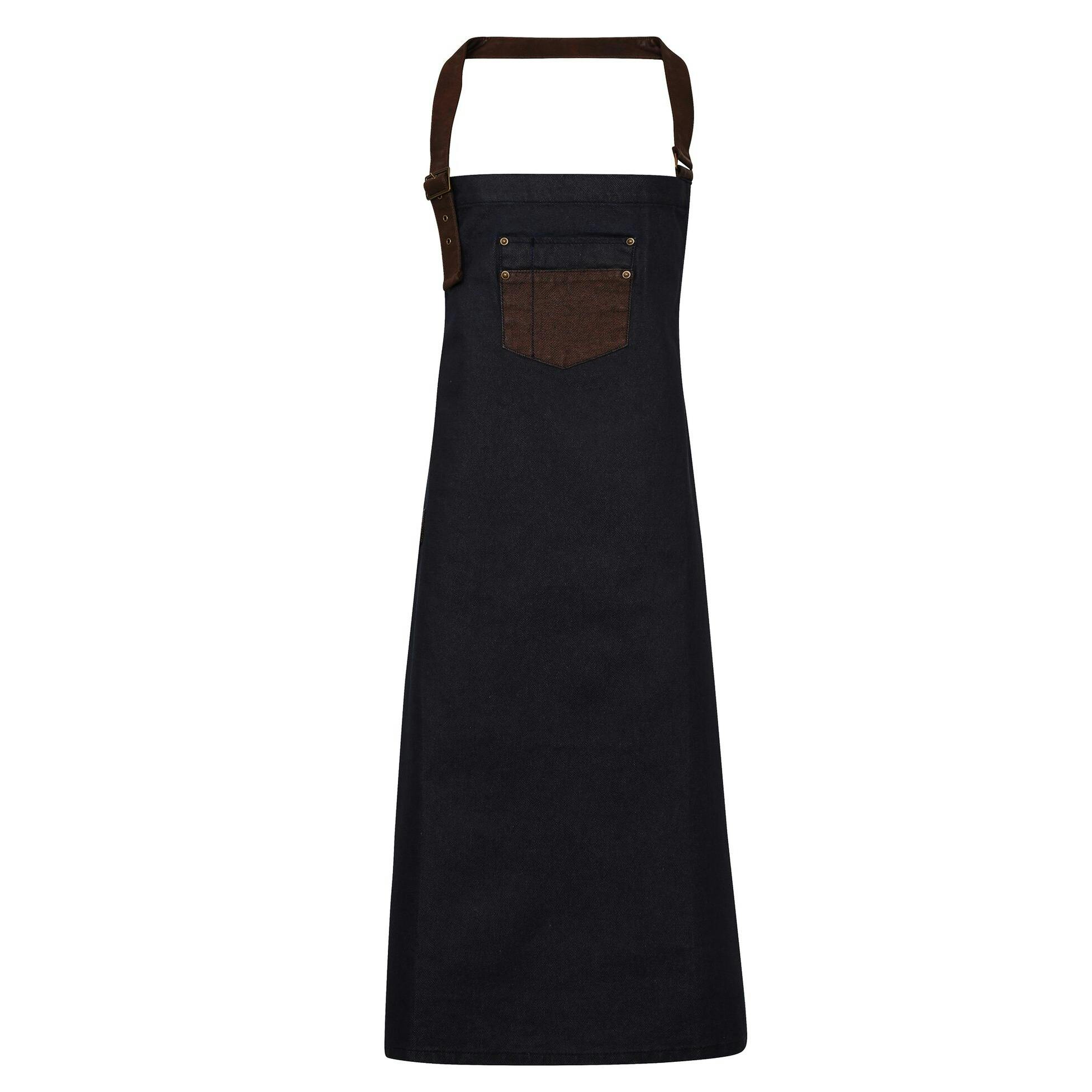 Premier (One Size, Indigo/Brown Denim) Unisex Adults Division Waxed Look Faux Leather Denim Bib Apron - Image 2