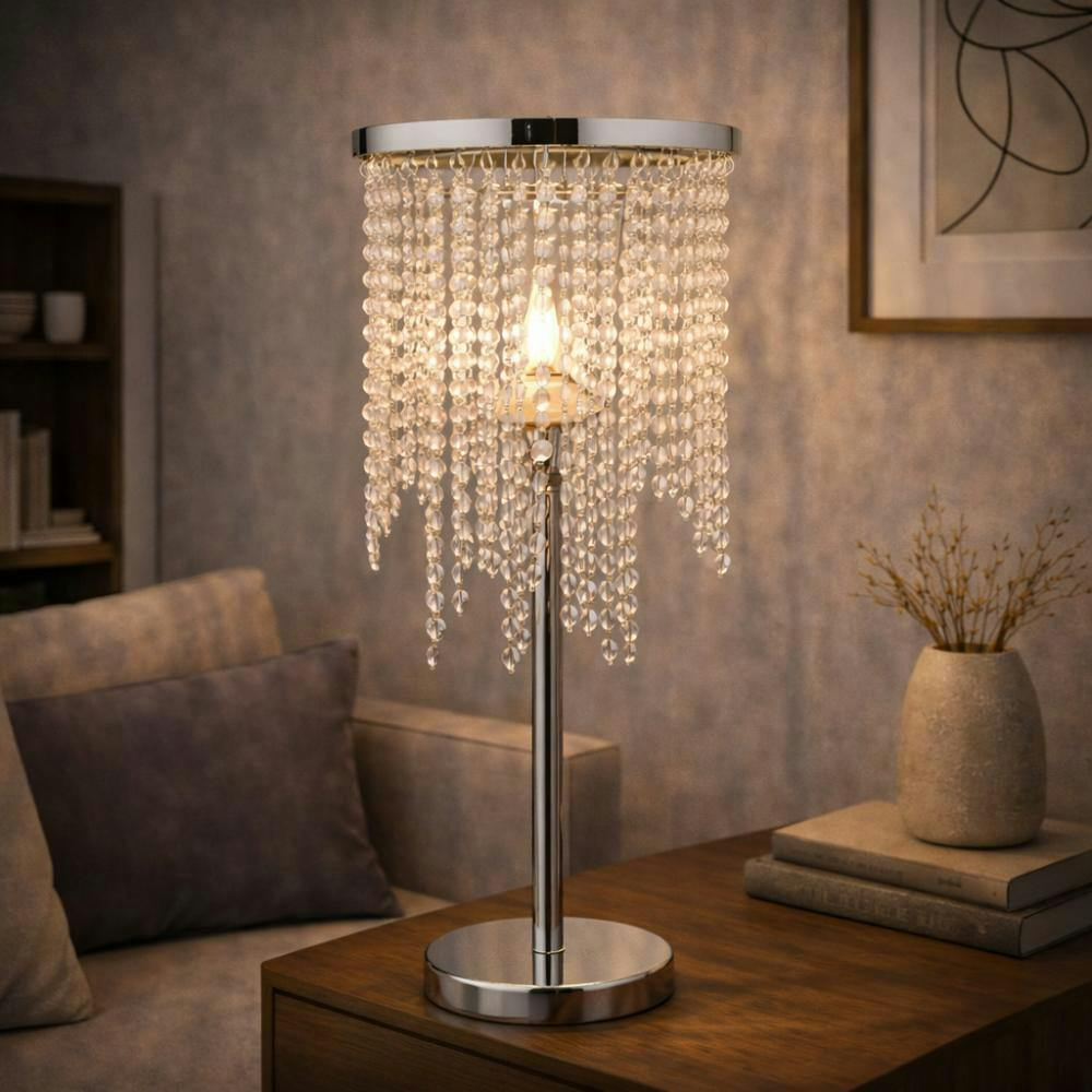 Rackhams Light Rain Polished Chrome Table Lamp With Glass Droplets