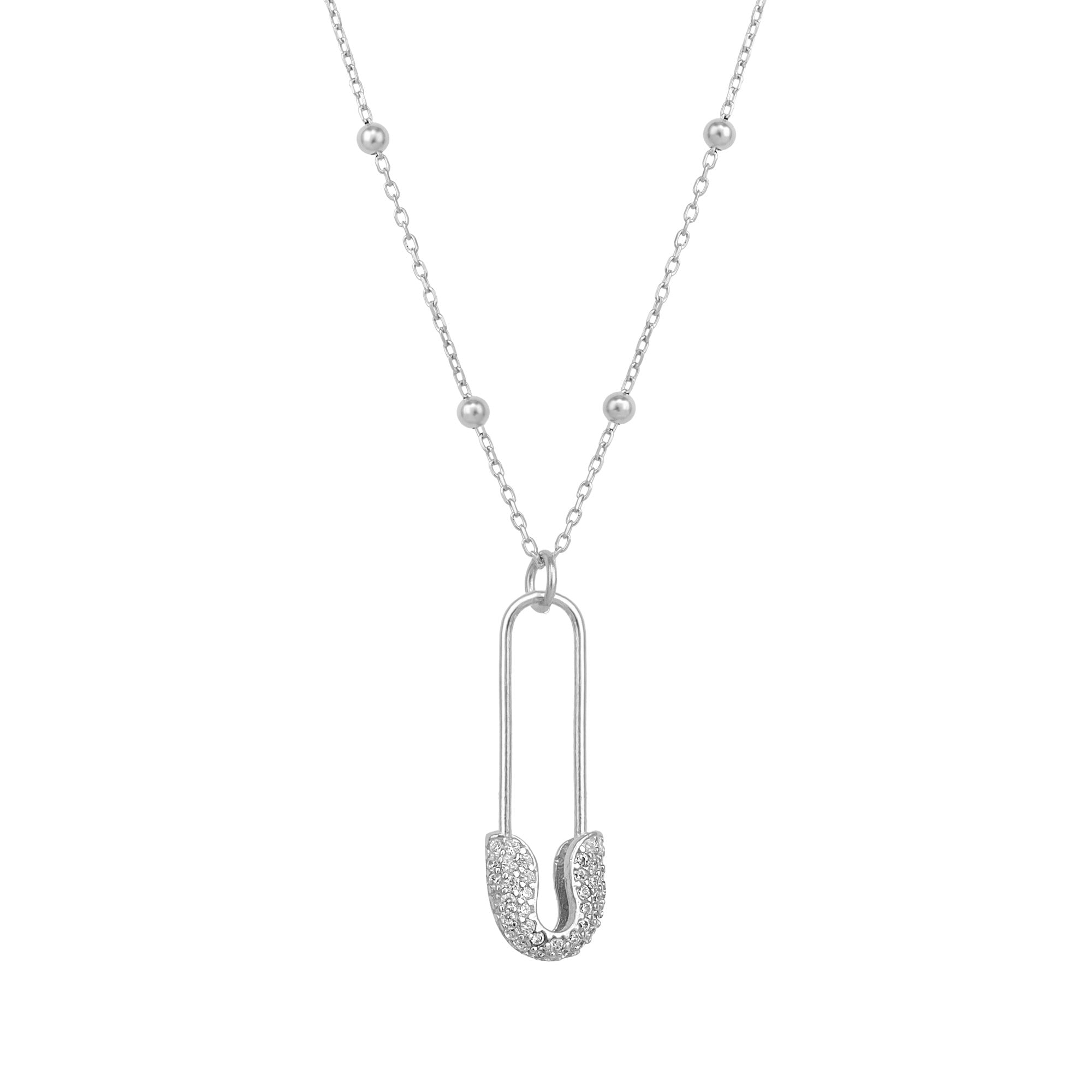 Spero London Silver Sterling Jewelled Safety Pin Necklace With Beaded Chain