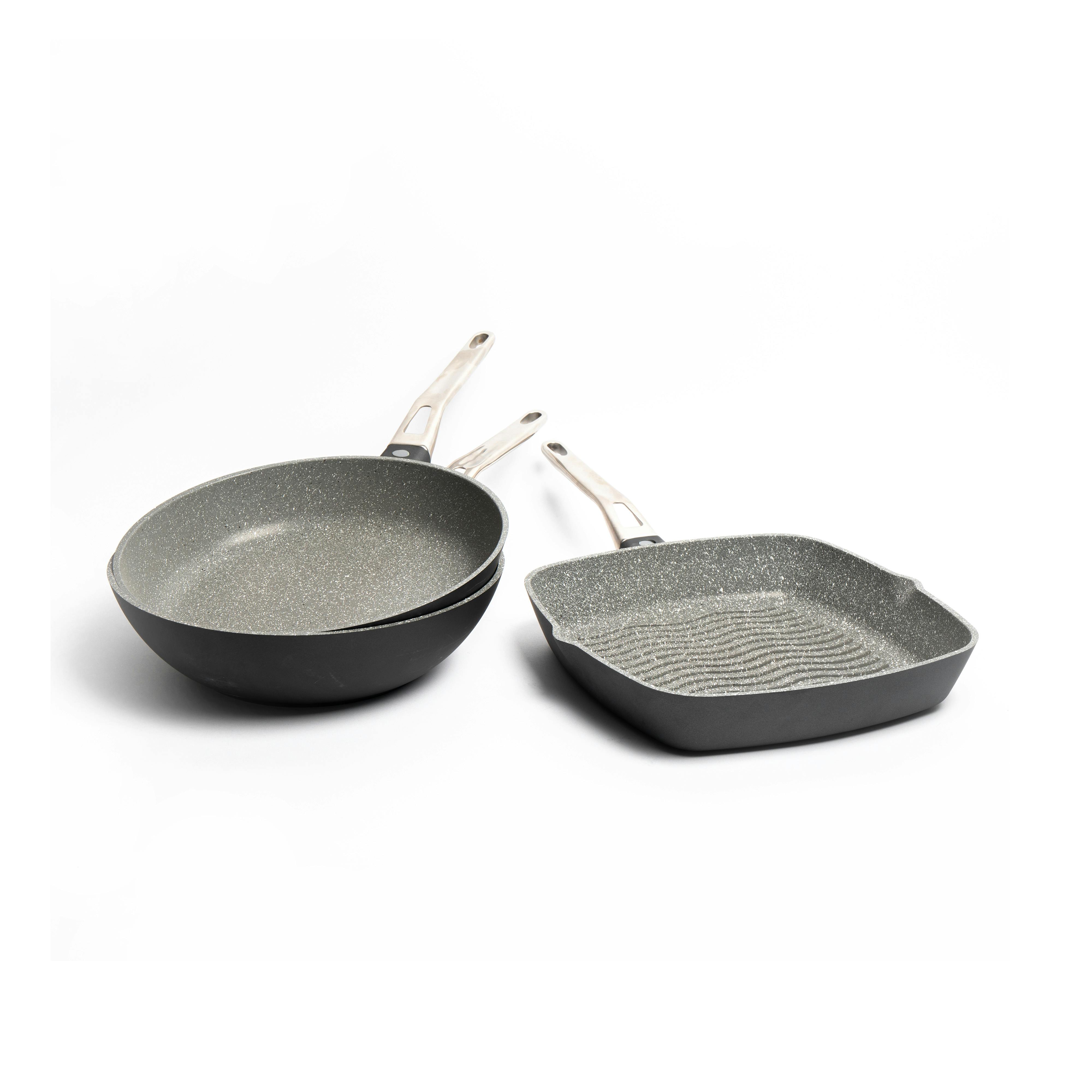 Rackhams Grey 3Pc Non-Stick Cast Aluminium Frying Set With 28Cm Wok, 28Cm Frying Pan And 28Cm Crepe Pan - Aluminum - Woks