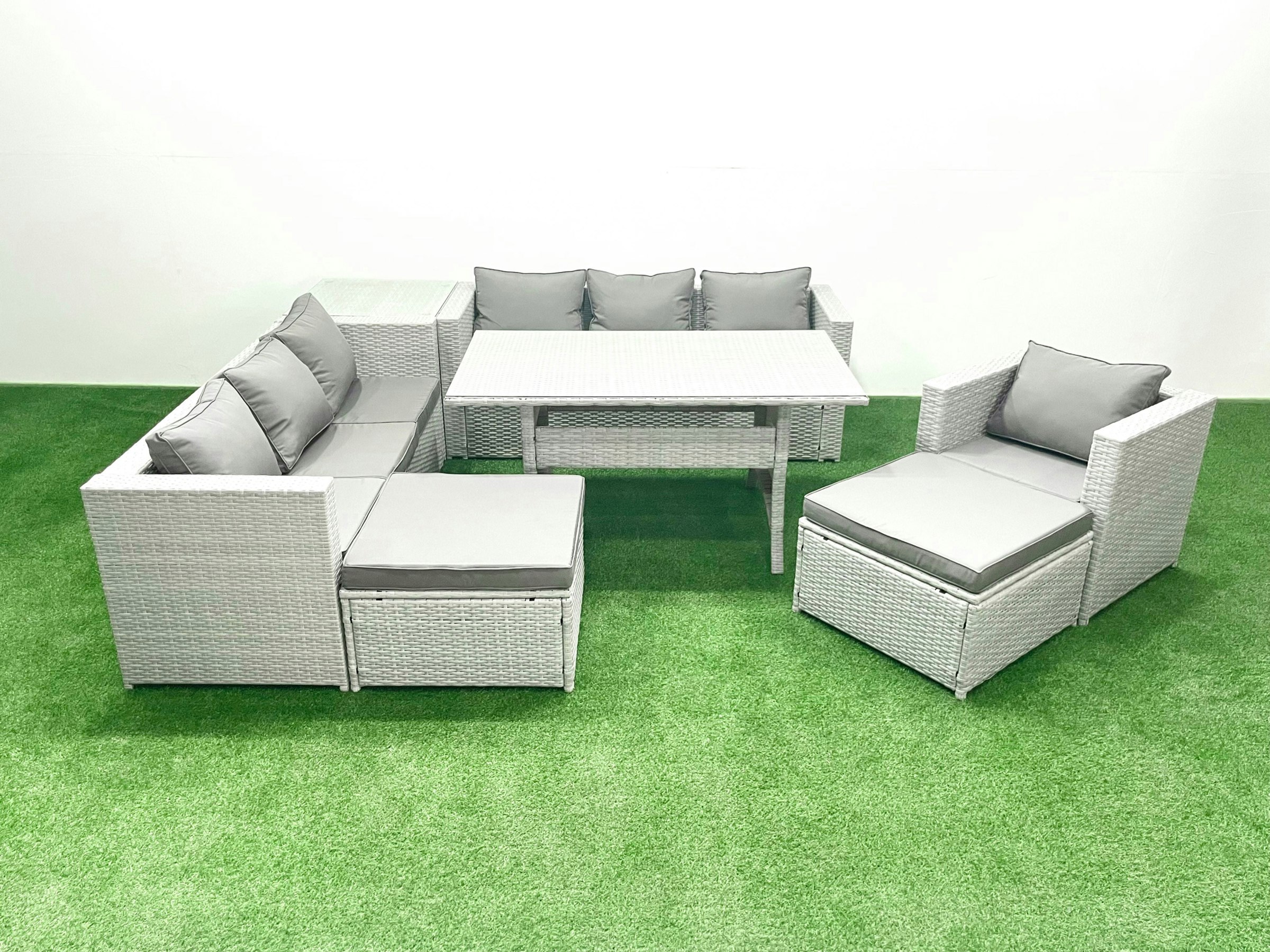 Rackhams Light/Grey/Dark 8 Pieces Outdoor Rattan Sofa Set With Cushions Patio Garden Furniture Sets With Armchair Dining Table Side Table 2 Big Footstools