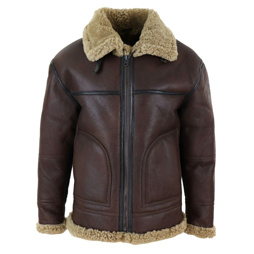 Infinity Leather Men's Brown Leather Company Aviator Shearling Sheepskin Leather Bomber Flying Jacket - 3XL