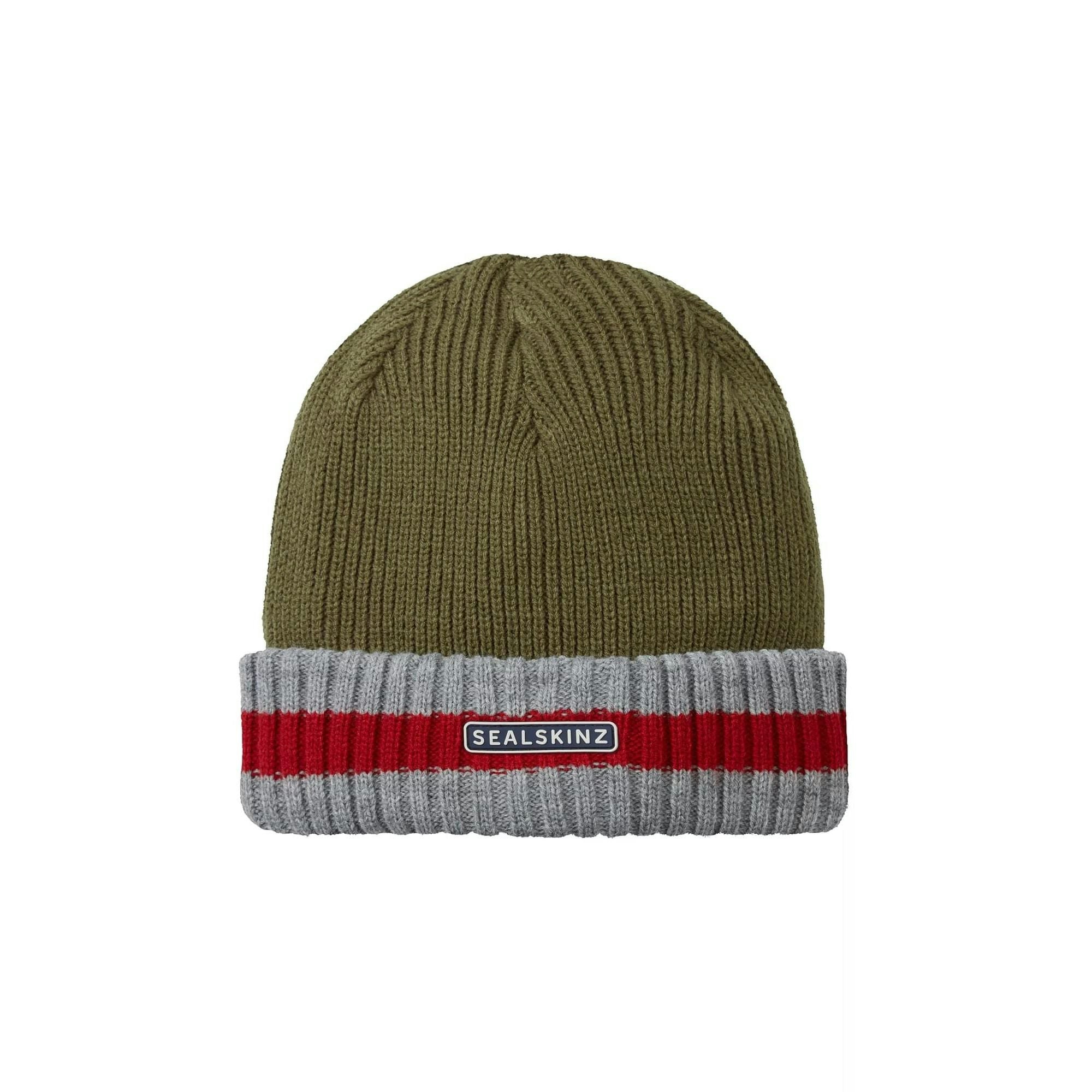 Sealskinz Men's Grey/Red & Ladies Waterproof Cold Weather Striped Roll Cuff Beanie Hat - Olive/ - Xxl