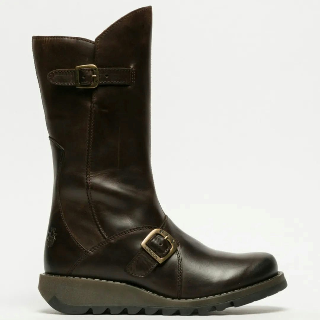 Fly London Women's Brown Mes2913 - Wedge Heel Buckle Mid Calf Leather Boots - Uk 3
