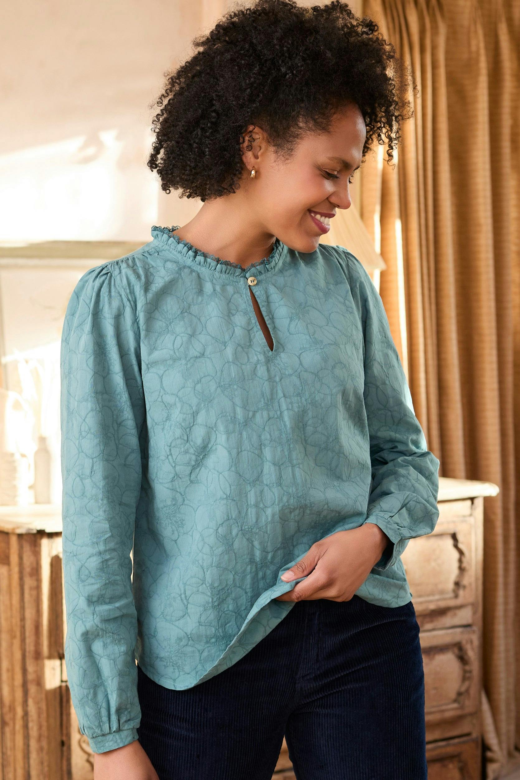 Lily & Me Emily Textured Jacquard Keyhole Blouse Sea Mist - 20 - Sea Mist
