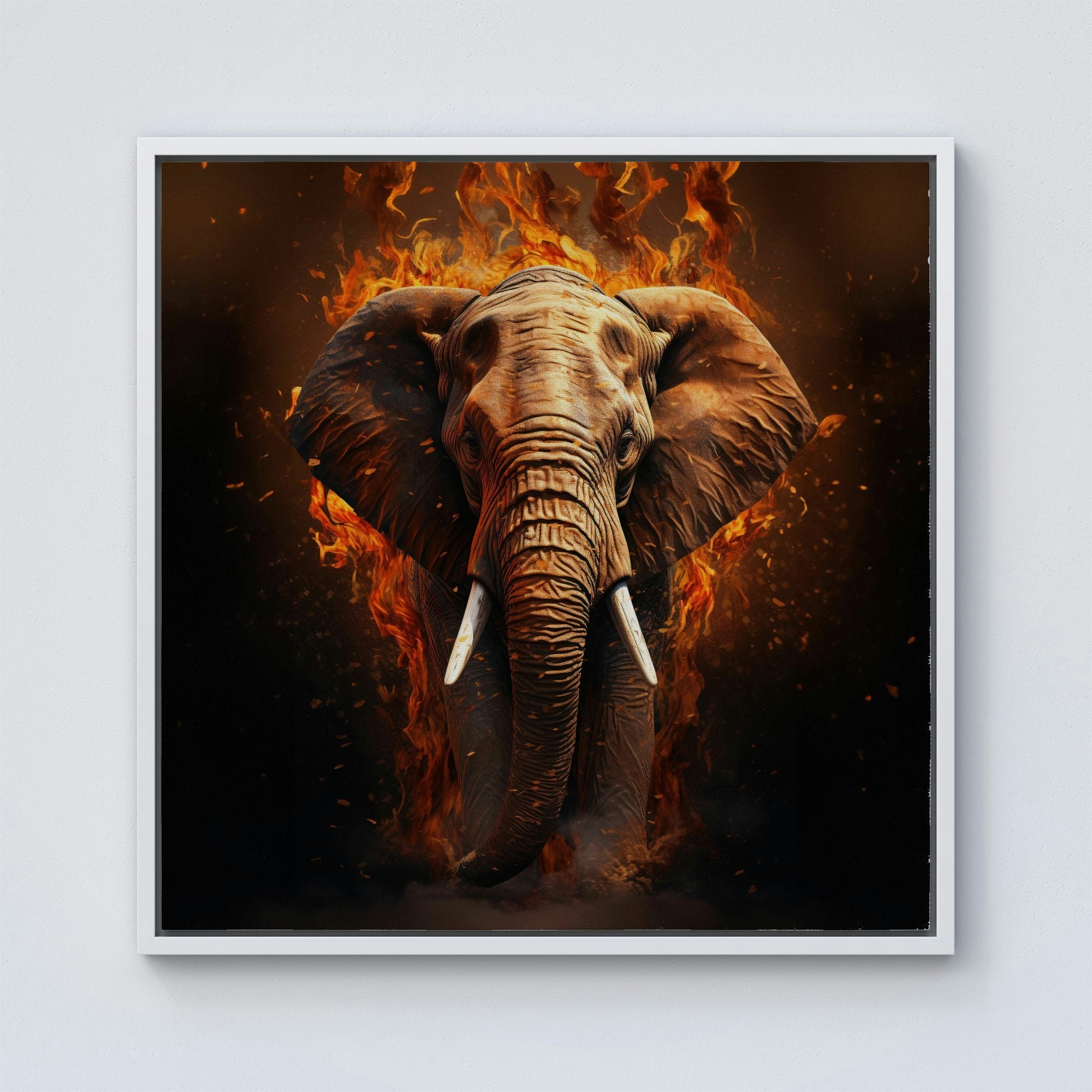 Warren Reed White Splash Art Elephant And Fire Framed Canvas - 10" X 10"