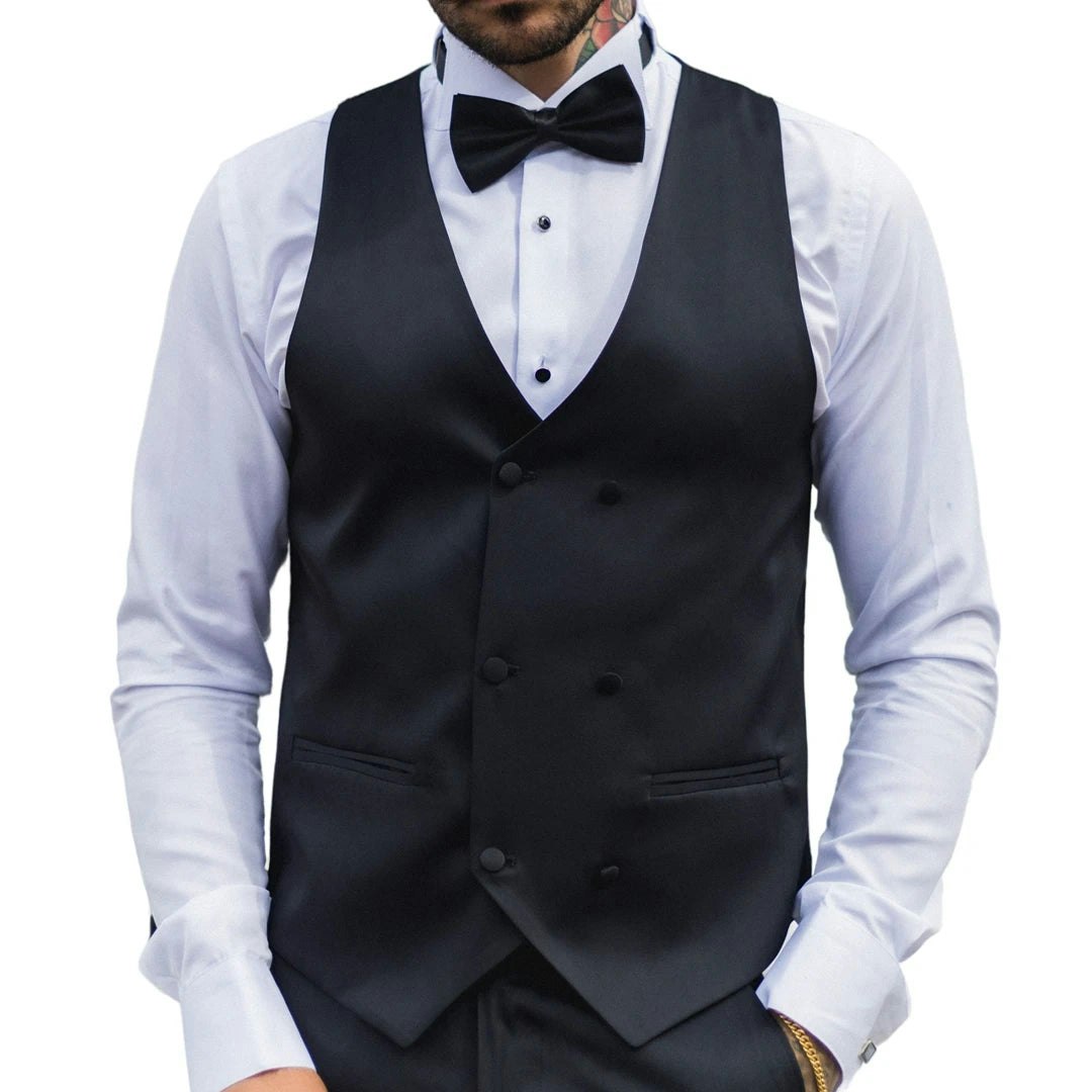 Truclothing Men's Black Satin Double Breasted Waistcoat Tie Dinner Vest - 38