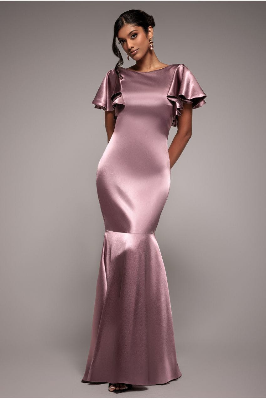 Goddiva Pink Satin Flutter Sleeve Mermaid - Rose By - Rose - 12