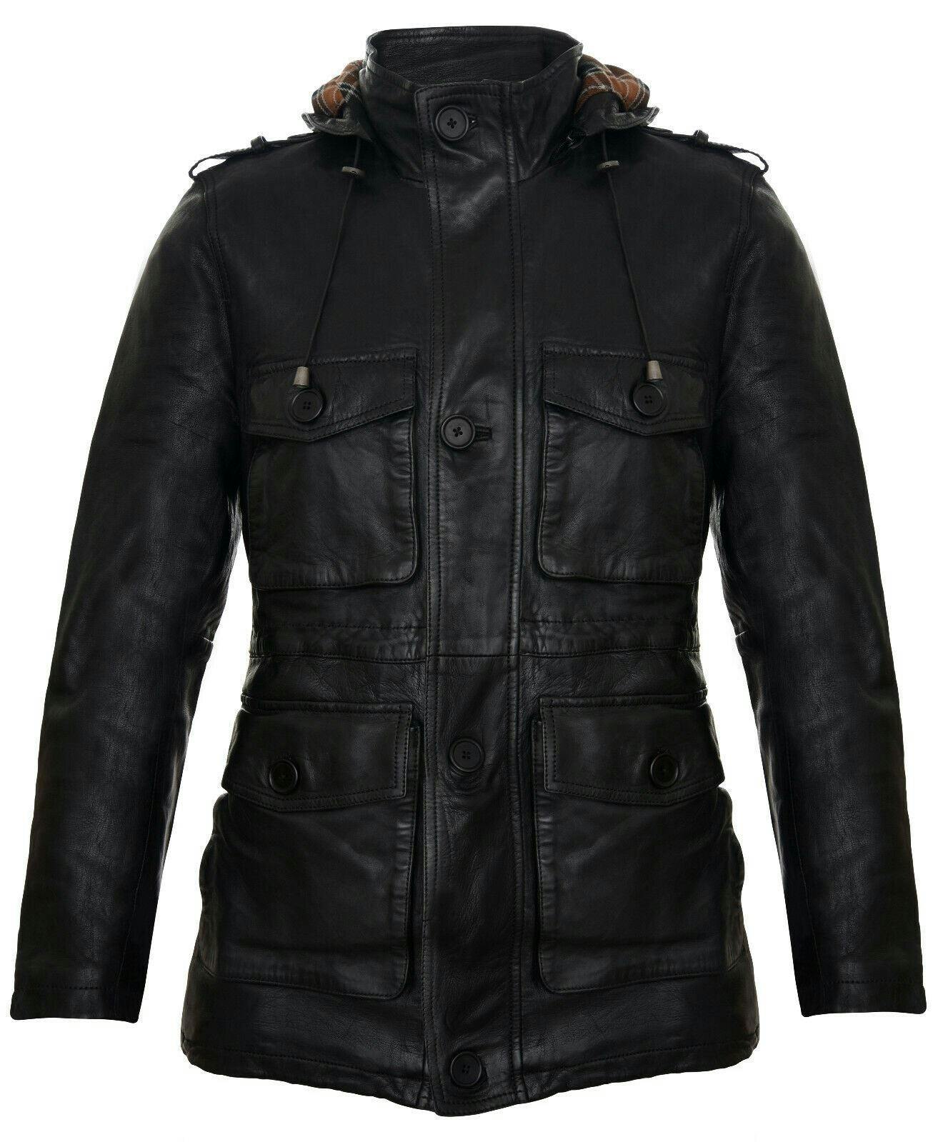 Infinity Leather Men's Black Hooded Trench Multi-Pocket Overcoat Leather Jacket - Uk L | Eu 50 | Us 40