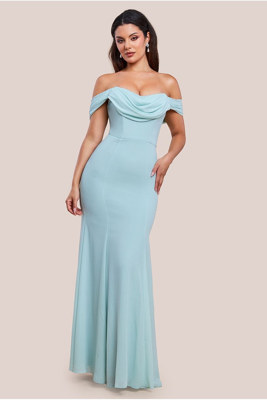 Goddiva Green Chiffon Bardot Cowl Neck Maxi Dress - Sage By - Sage - 10