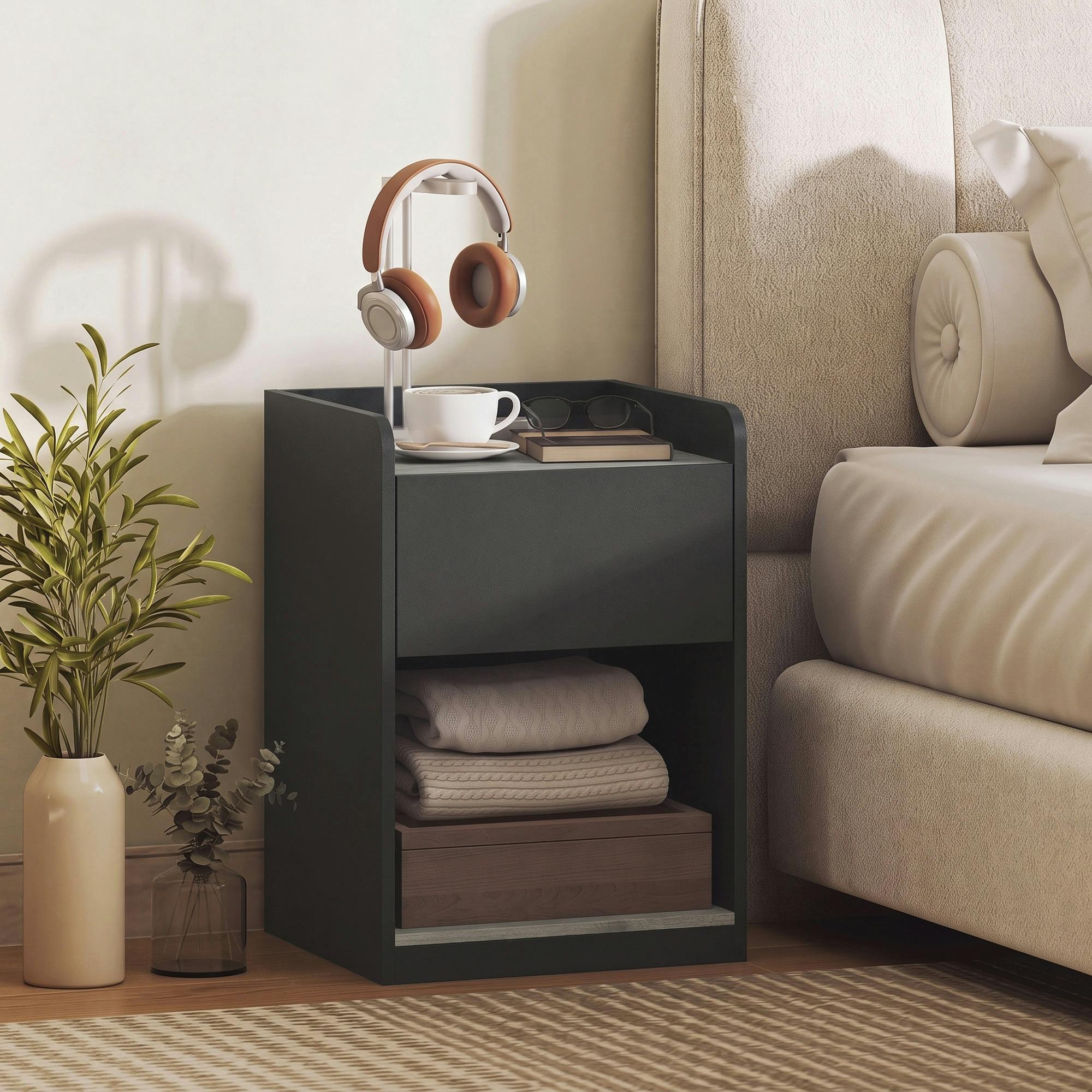 Rackhams Black/Grey Bedside Table With Drawer And Open Shelf, And Wood Effect