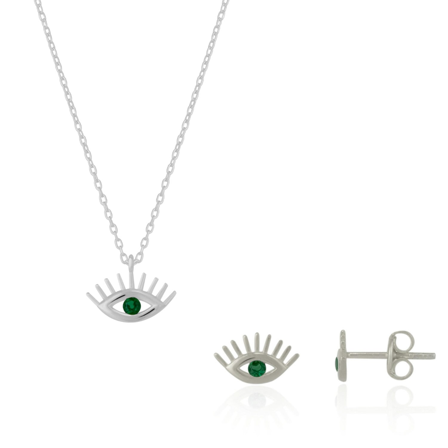 Spero London Silver Emerald Eye Evil Eye Sterling Necklace And Stud Earring Set