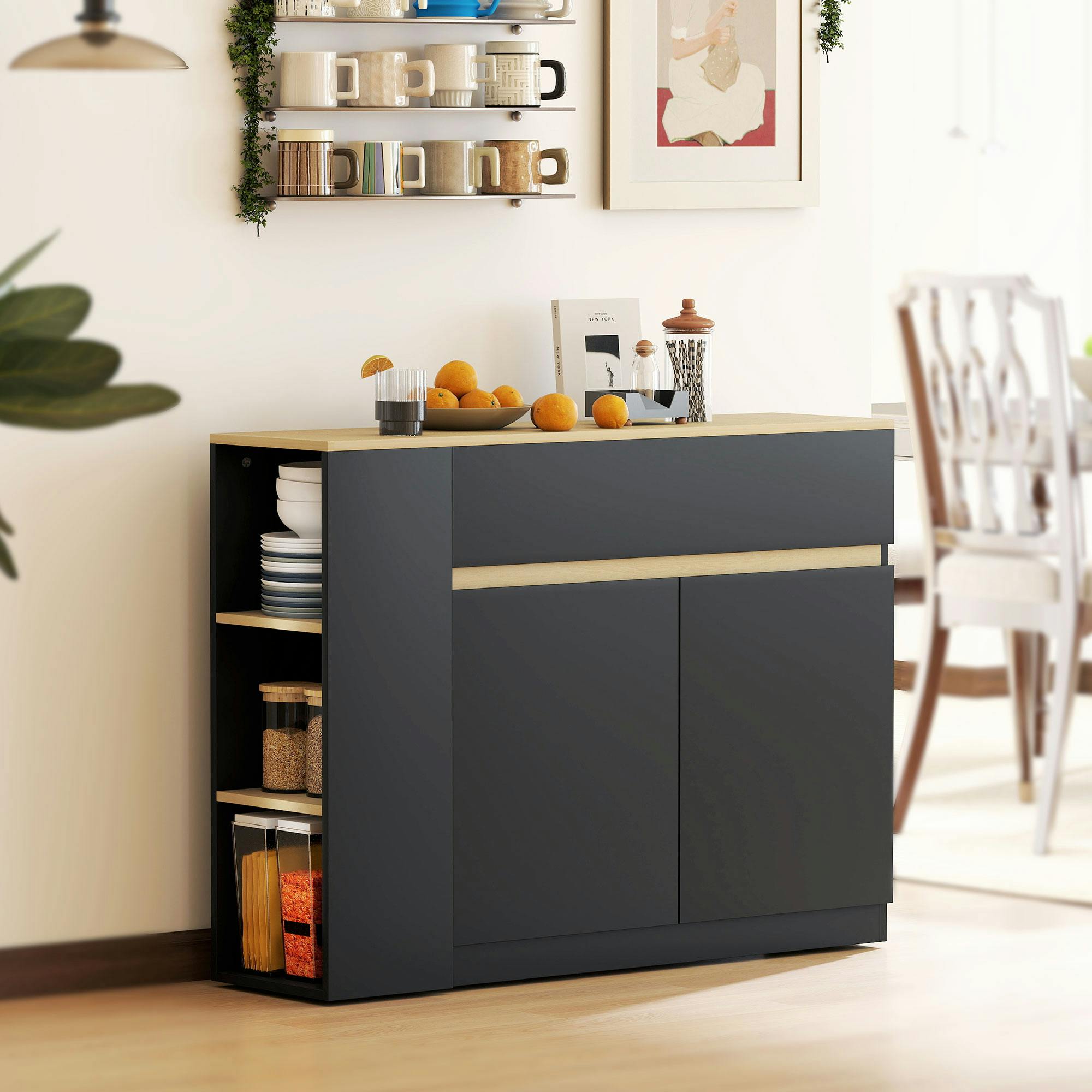 Homcom Black Sideboard, Storage Cabinet With 2 Drawers, 3 Open Shelves, - Laminated - Sideboard