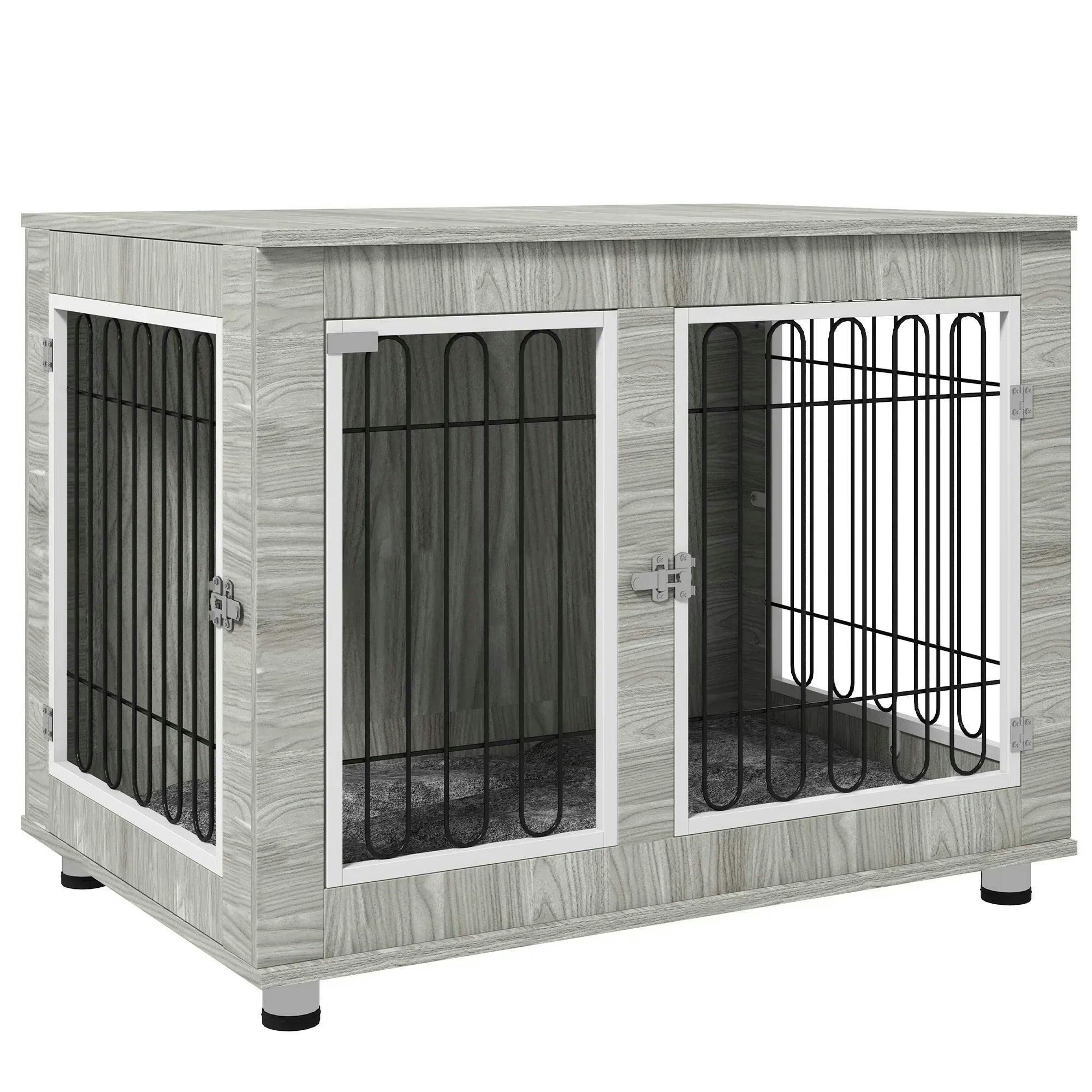 Pawhut Grey Dog Crate Furniture, Dog Crate End Table W/ Soft Cushion, Double Door In - Image 5
