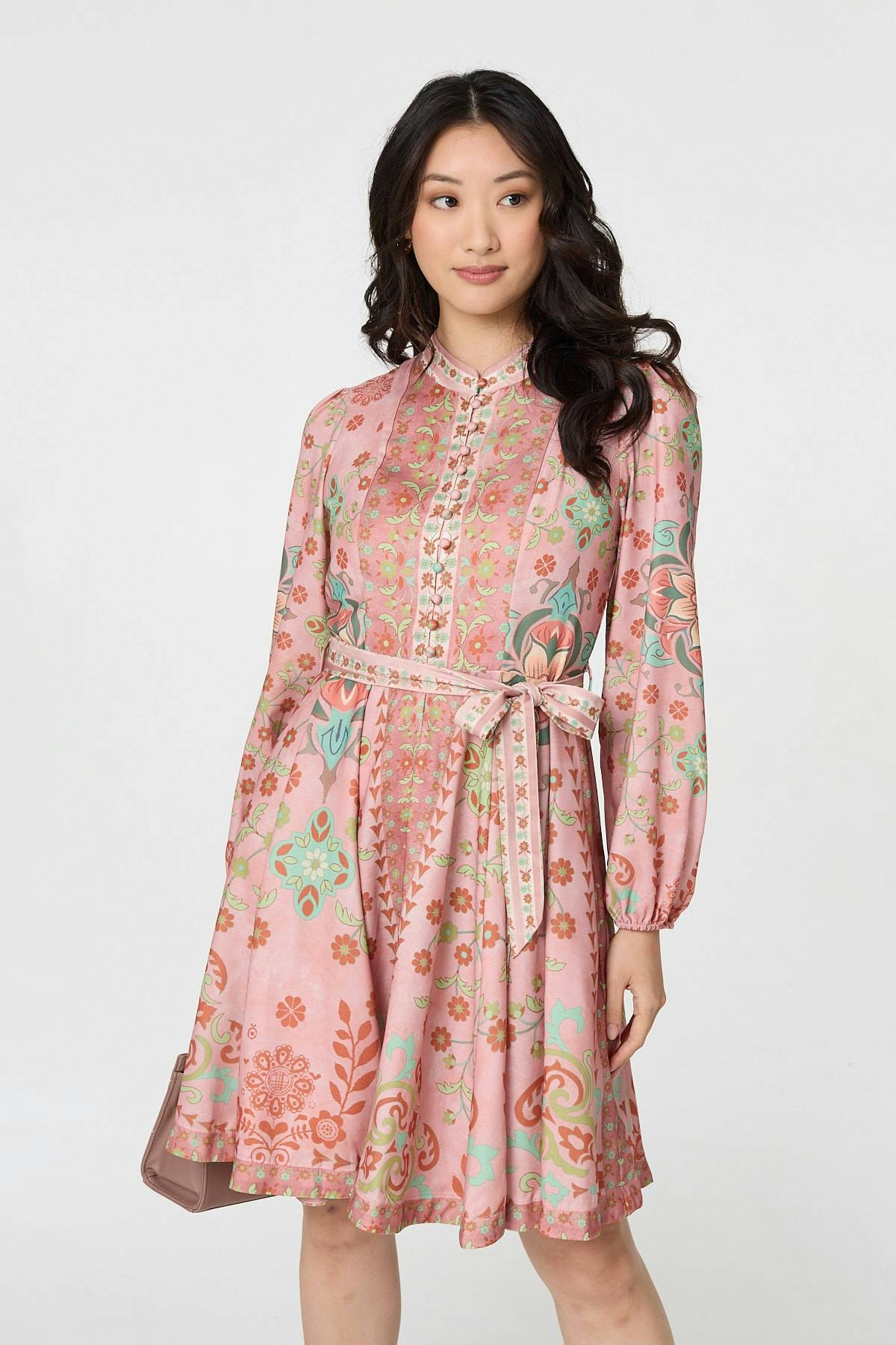 Izabel London Floral Tie Waist Knee Length Dress - 16 - Rust