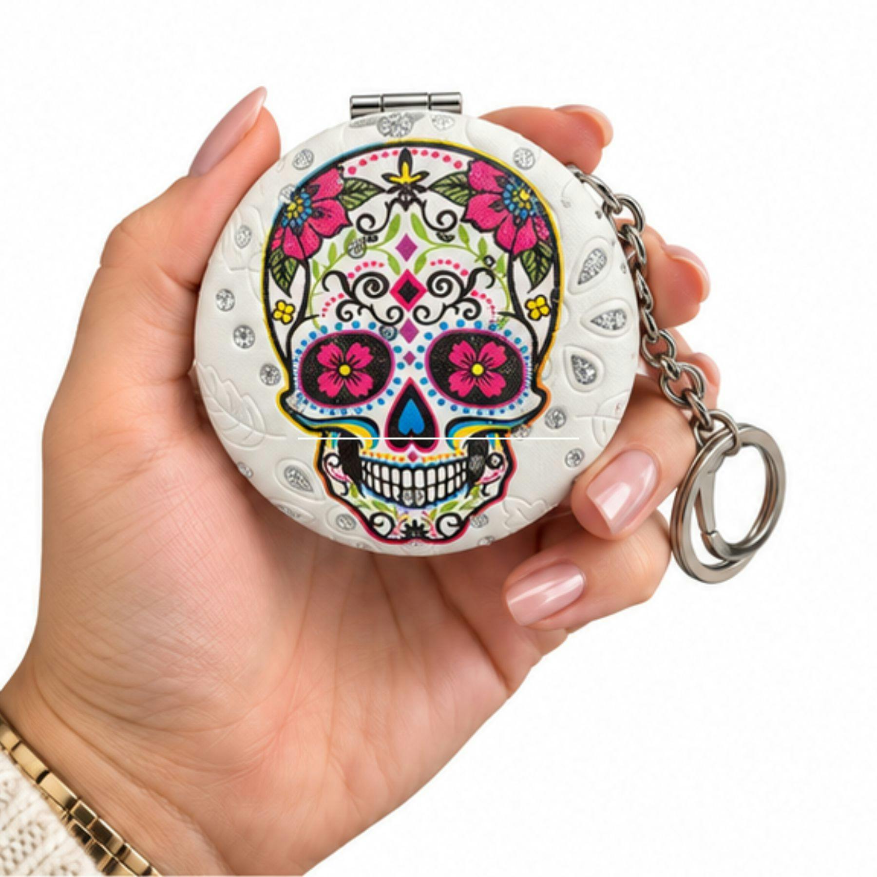 Love Emvy White/Pink Sparkly Sugar Skull Compact Mirror - With Eyes
