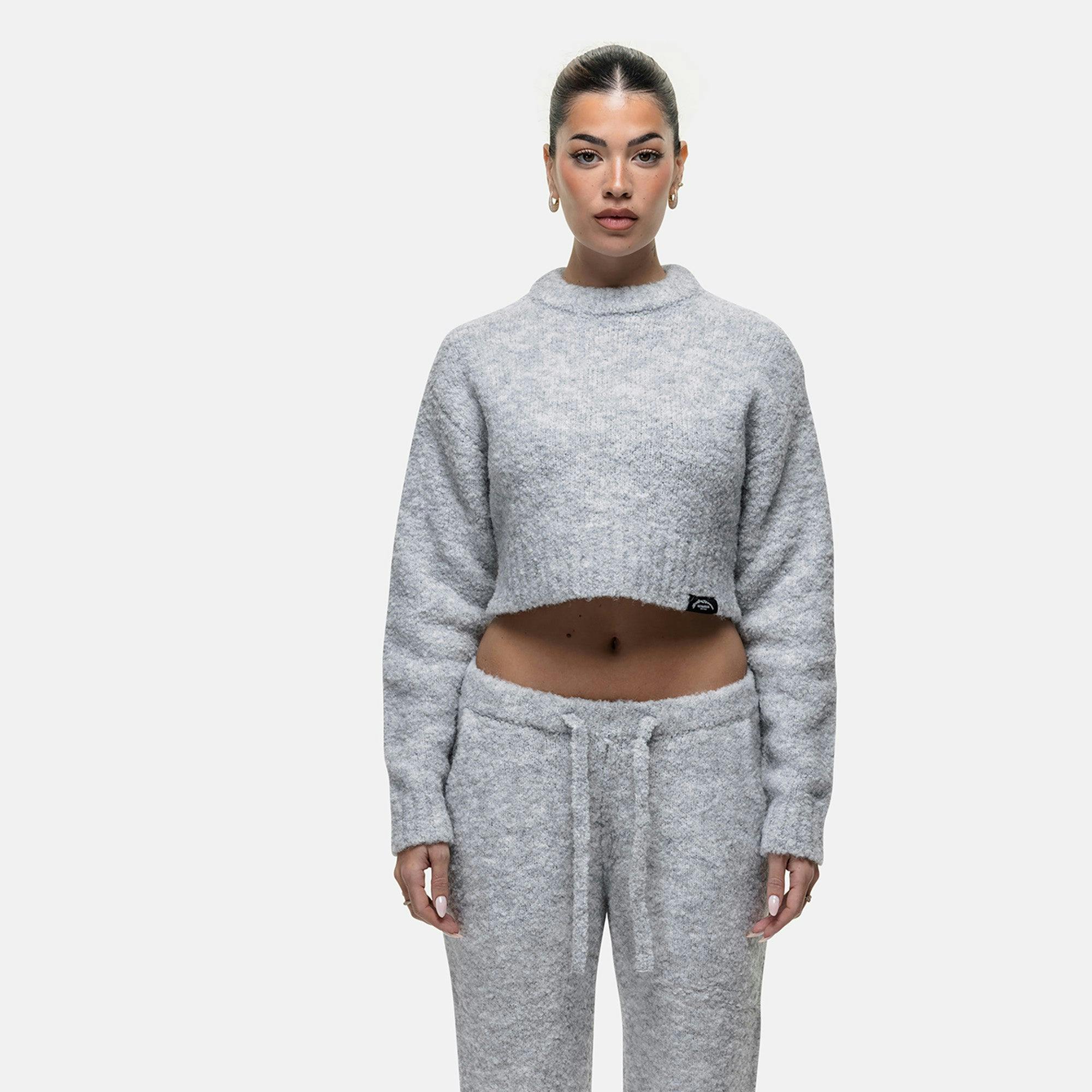 Good For Nothing Grey Cropped Bouclé Knitted Sweatshirt - Xxs
