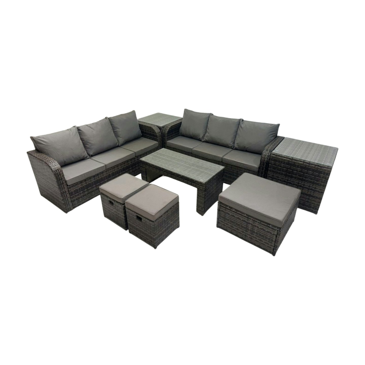 Rackhams Dark/Grey Rattan Garden Outdoor Furniture Set 3 Seater Sofa Coffee Table With 3 Footstools 2 Side Tables Mixed