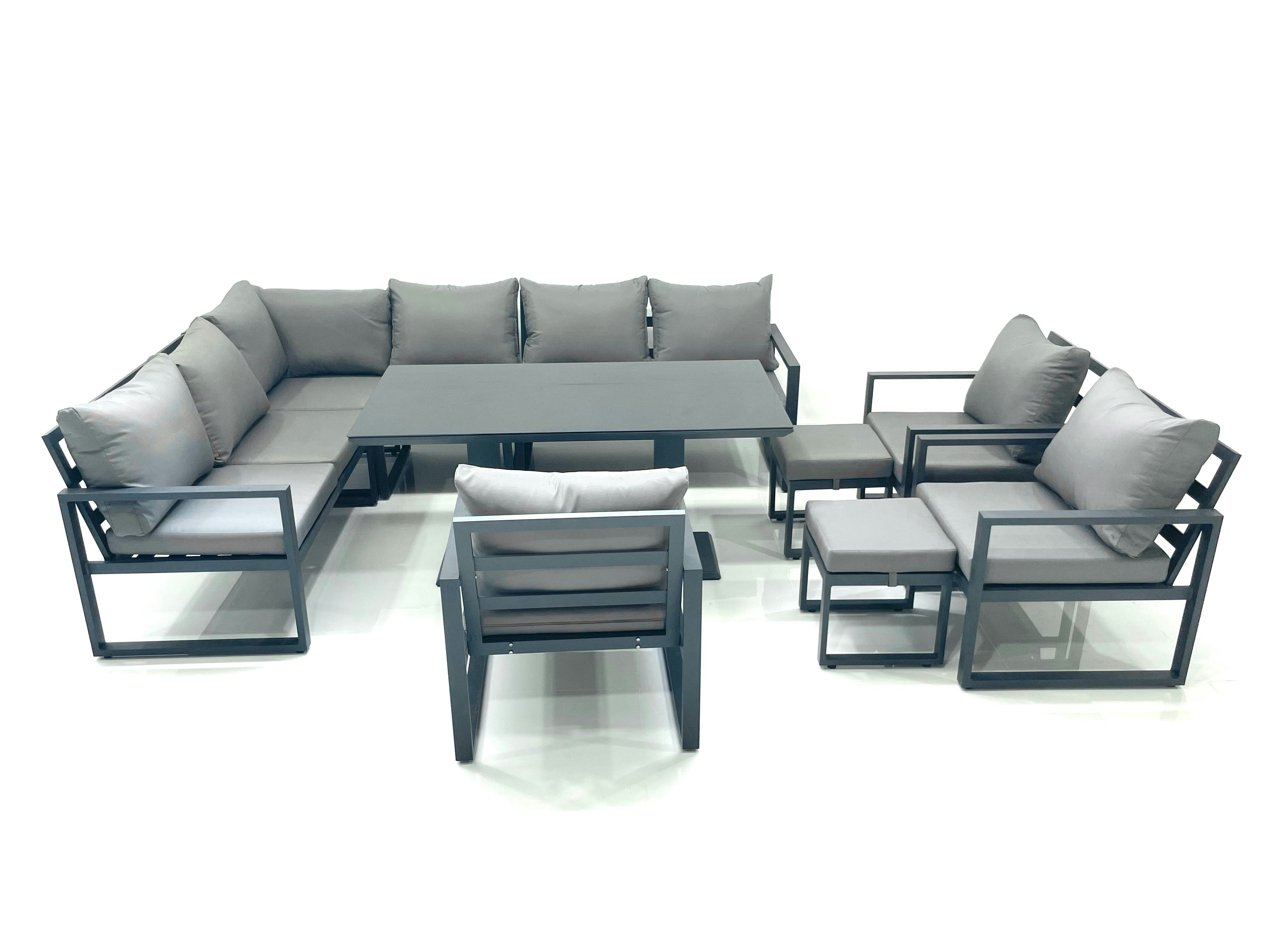 Rackhams Dark/Grey Aluminium Outdoor Garden Furniture Set Corner Sofa 3 Chair 2 Small Footstool Adjustable Rising Lifting Dining Table Sets