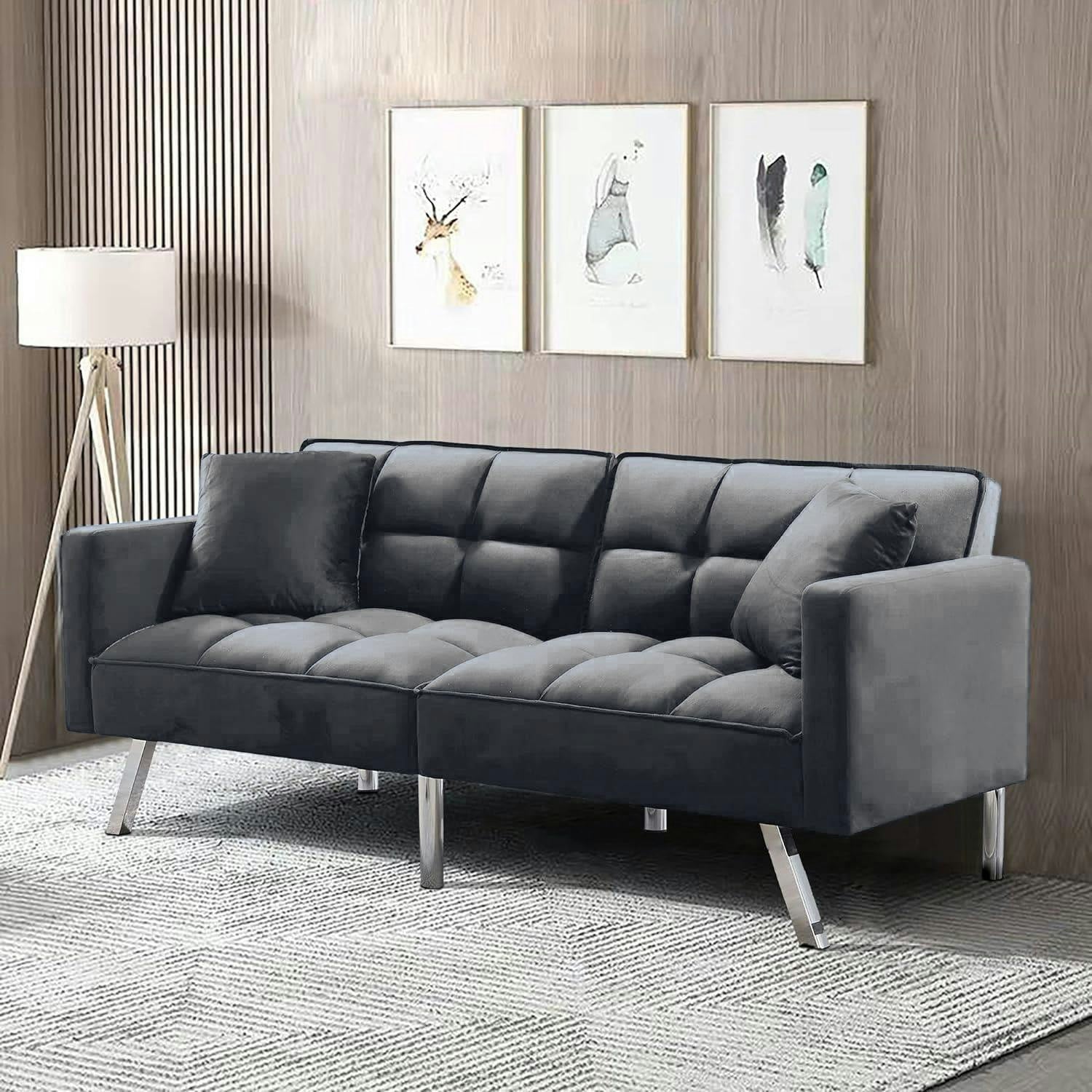 B&Q - Sofa Bed 2 Seater Grey Velvet Click Clack Sofa Settee Recliner Couch With Metal Legs With 2 Pillows - Image 4