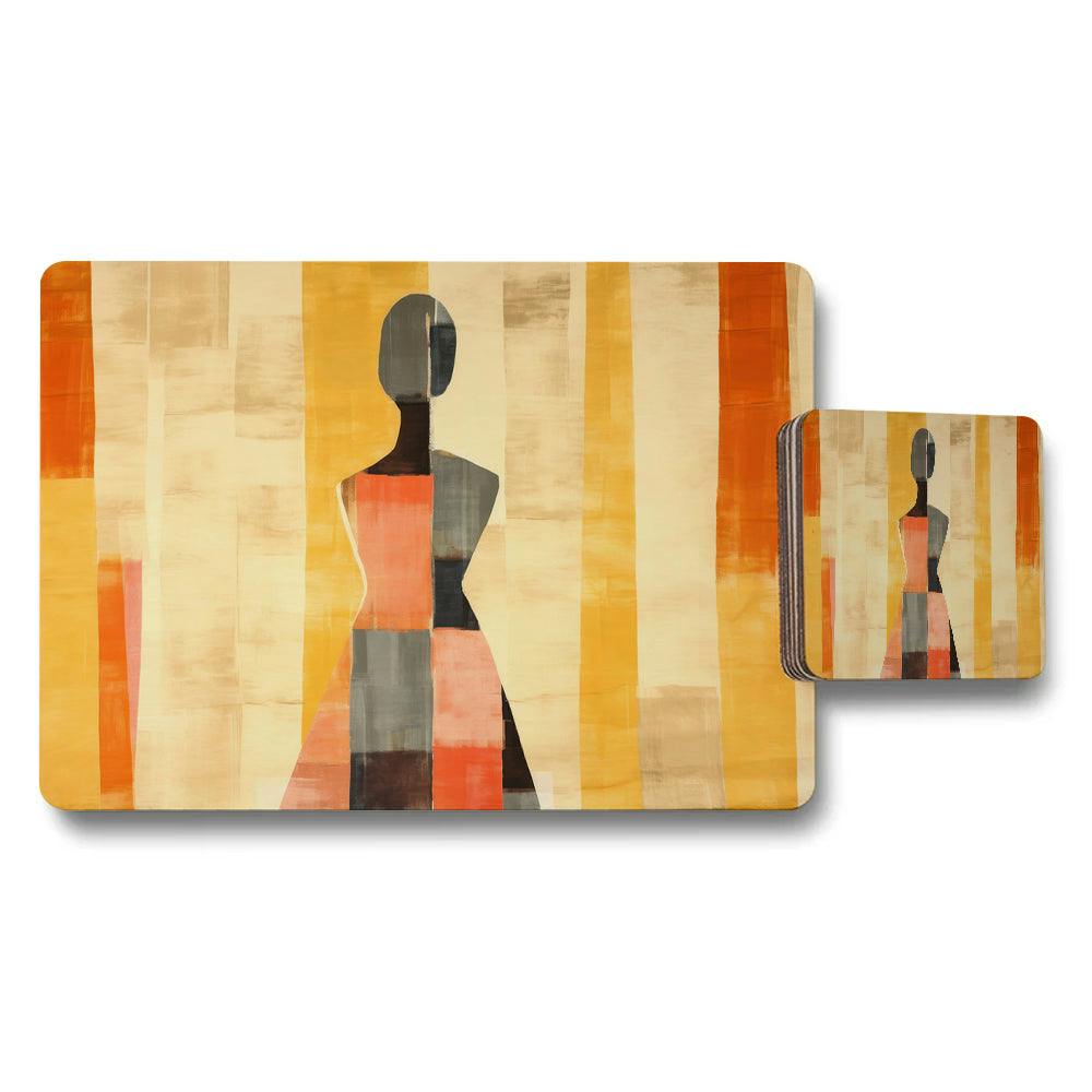 Rackhams Amber/Beige Abstract Geometric Placemat And Coaster Set In Warm Autumn Tones