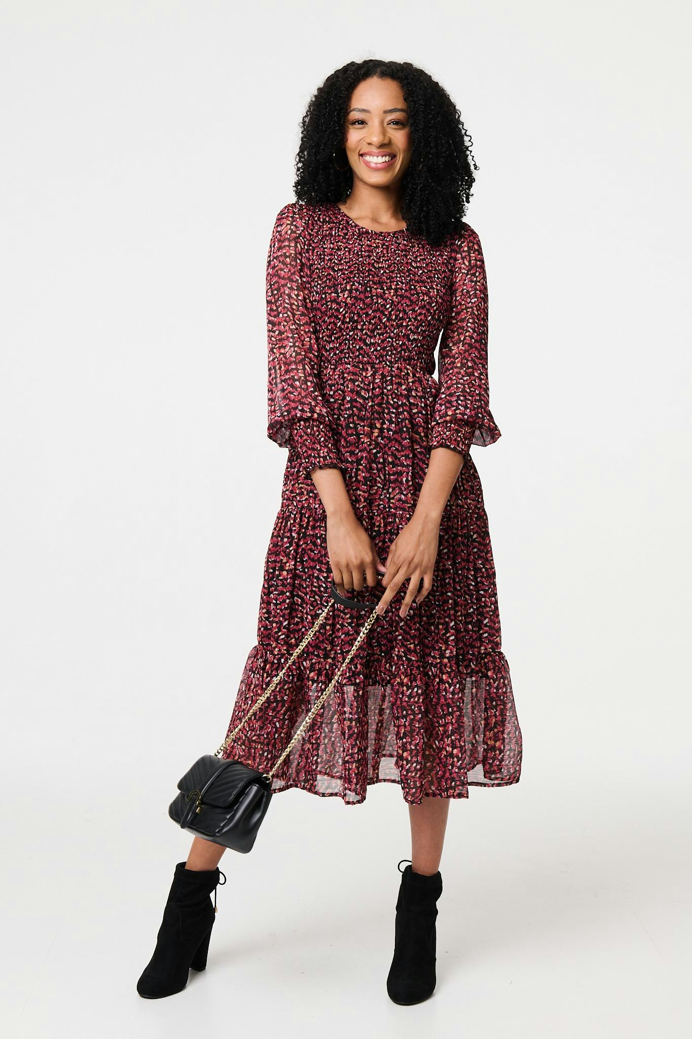 Izabel London Ditsy Floral Tier Puff Sleeve Midi Dress - Rust - 10