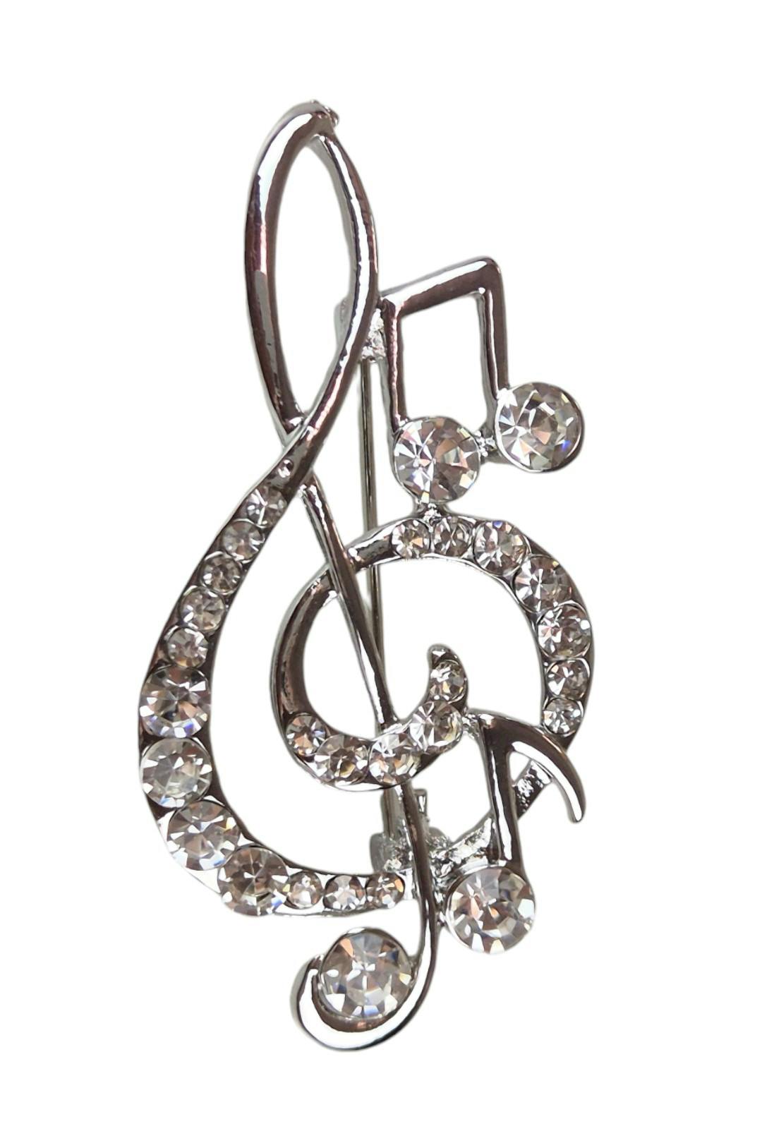 Paulo Due Silver Treble Clef Music Symbol Diamante Brooch