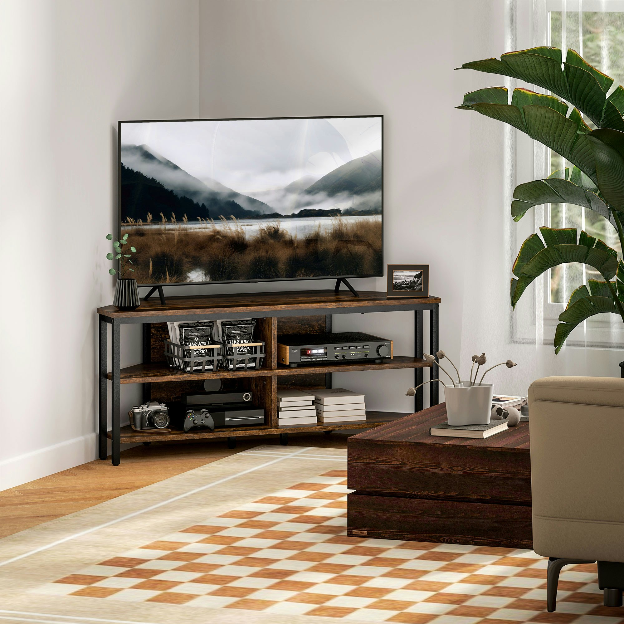 HOMCOM 50" TV Stand Cabinet, TV Unit with Storage Shelves, Rustic Brown - Image 6