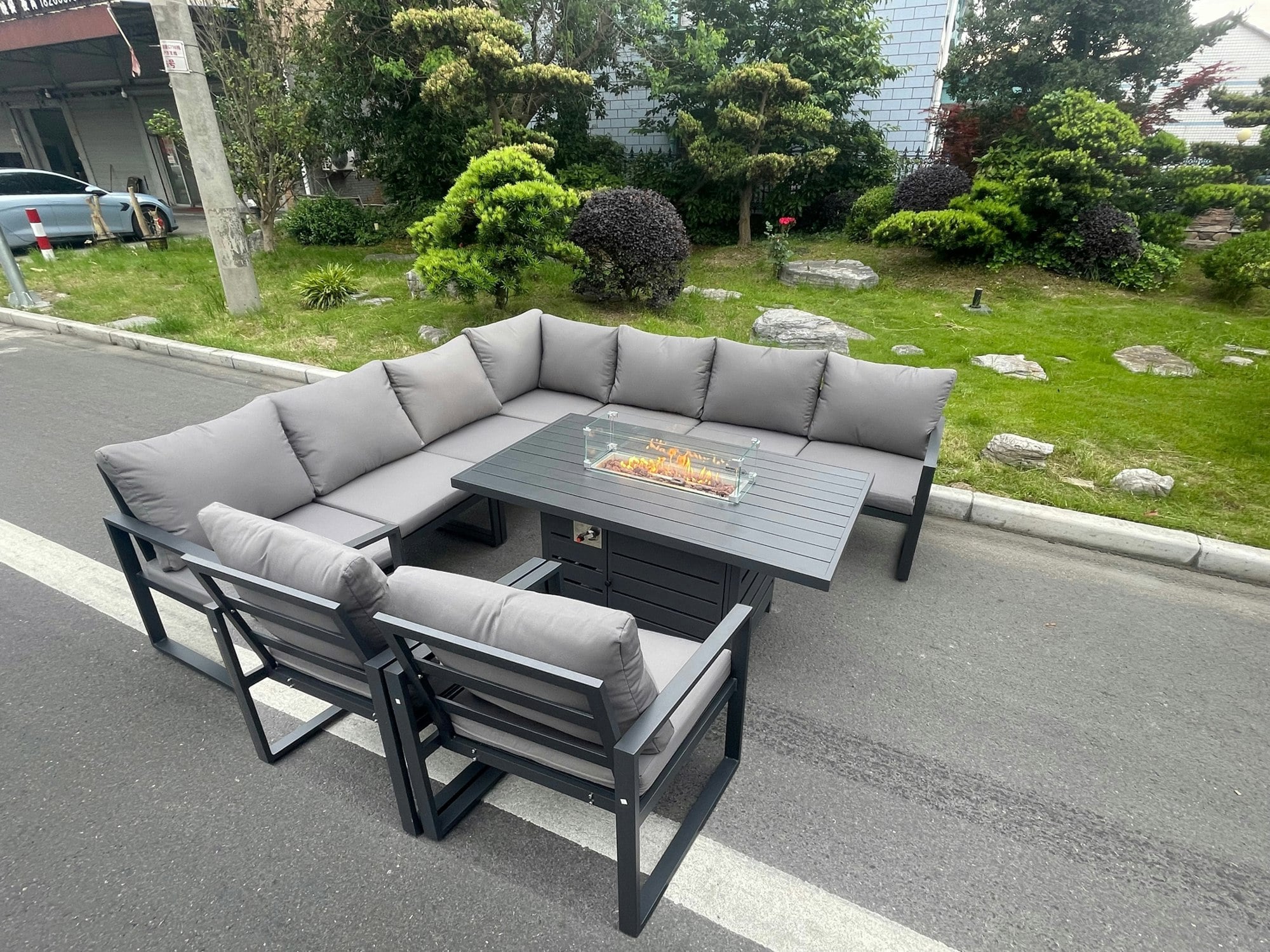 Rackhams Dark/Grey Aluminum Outdoor Garden Furniture Corner Sofa 2 Pc Chairs Gas Fire Pit Dining Table Sets Gas Heater Burner 9 Seater