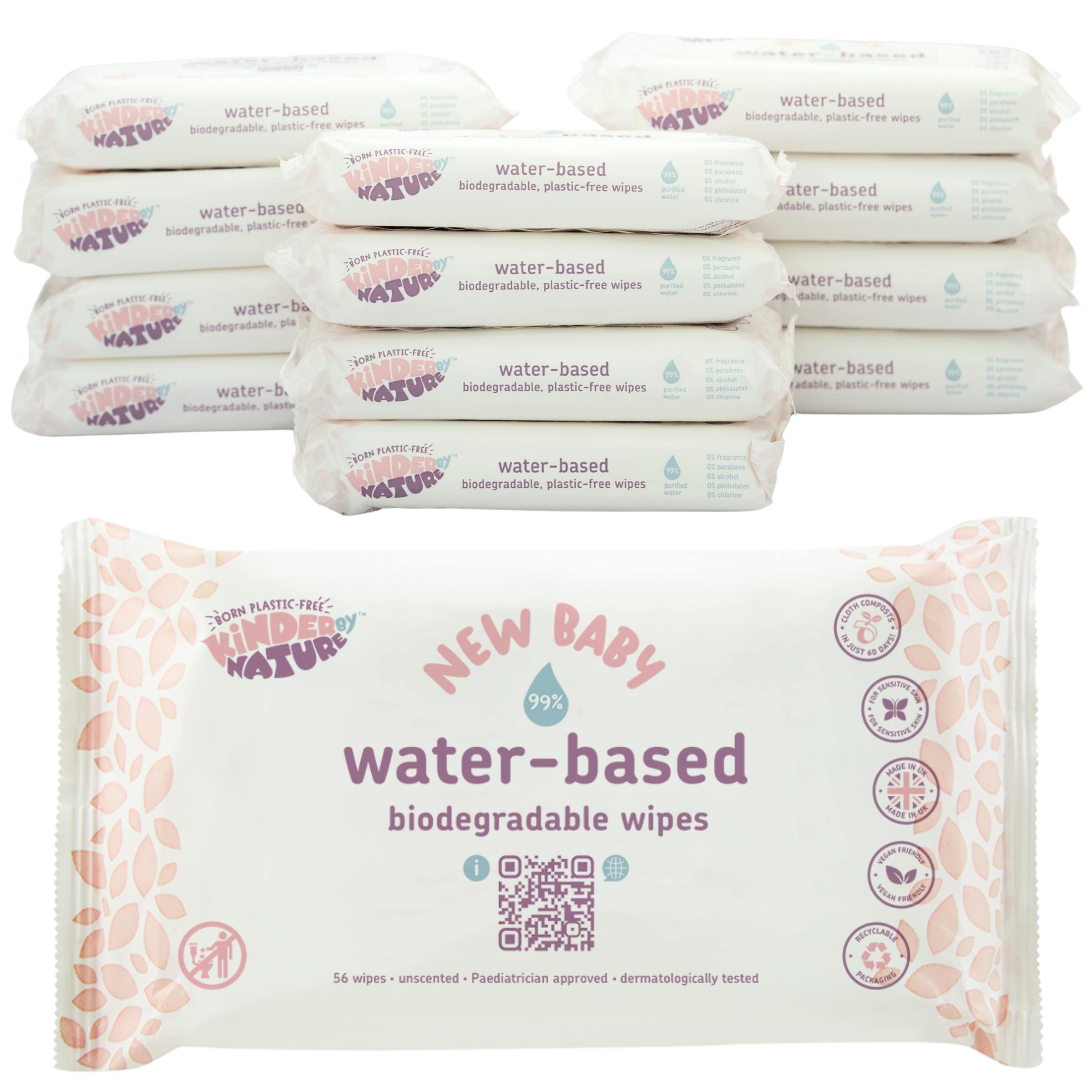 Kinder By Nature Water-Based Baby Wipes - 56 Wipes X 12 Packs