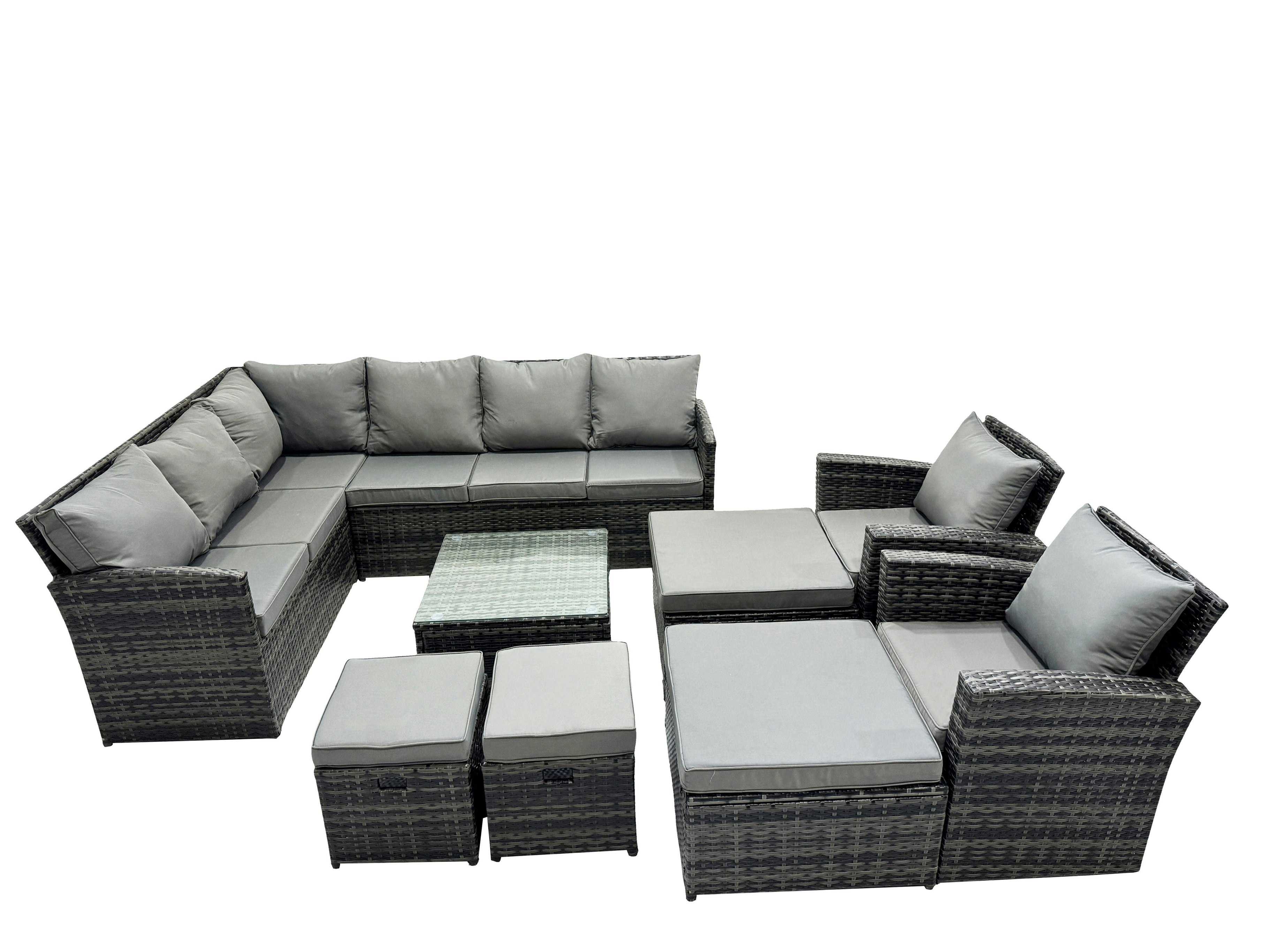 Rackhams Dark/Grey 12 Seat Poly Rattan Outdoor Patio Coffee Table Corner Sofa Set With 4 Stools 2 Chairs For Garden Backyard Mixed