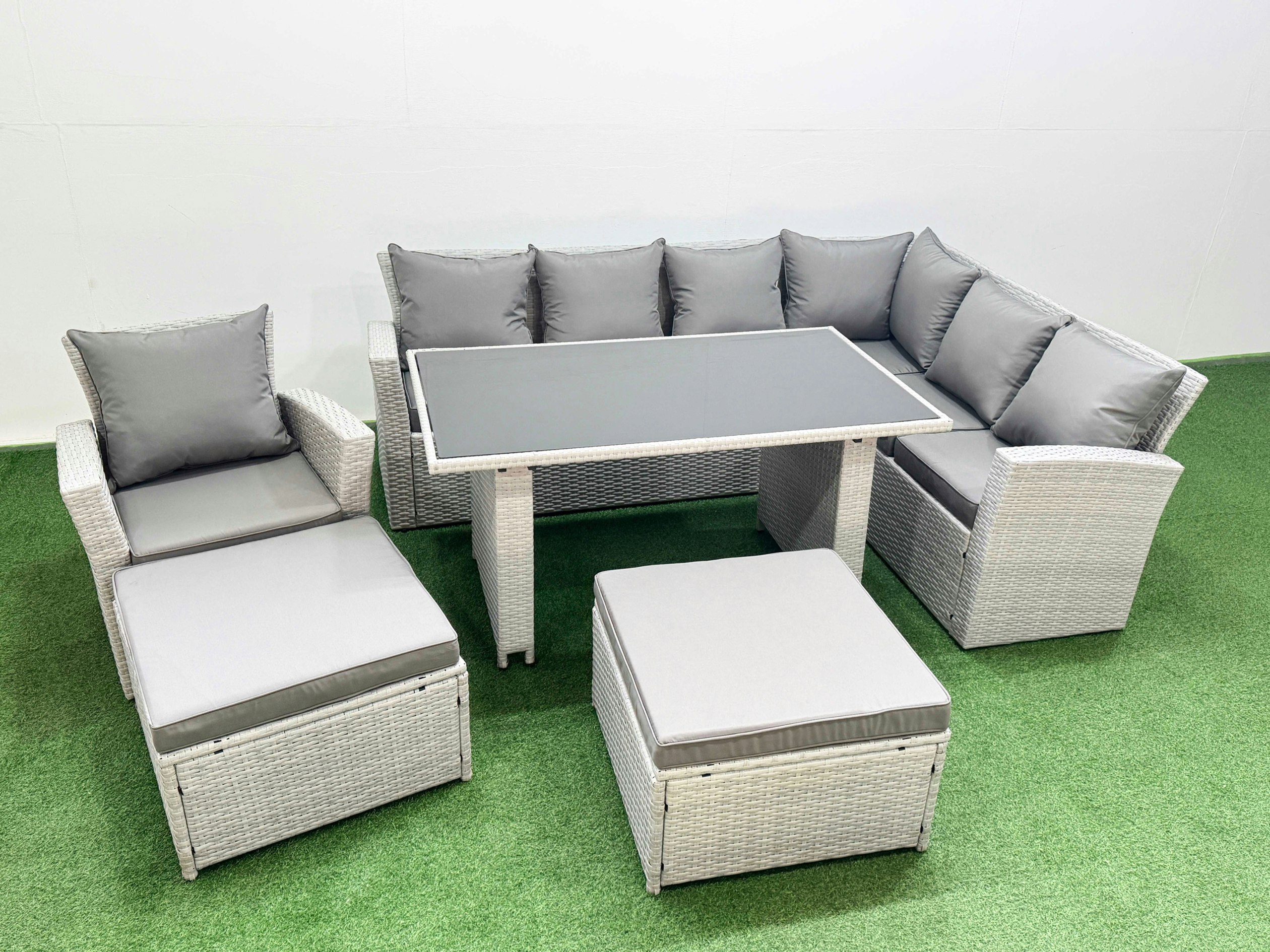 Fimous Light/Grey Outdoor Garden Furniture Set 9 Seater Rattan Corner Sofa Set With Rectangular Dining Table Lounge Sofa 2 Big Footstools Armchair