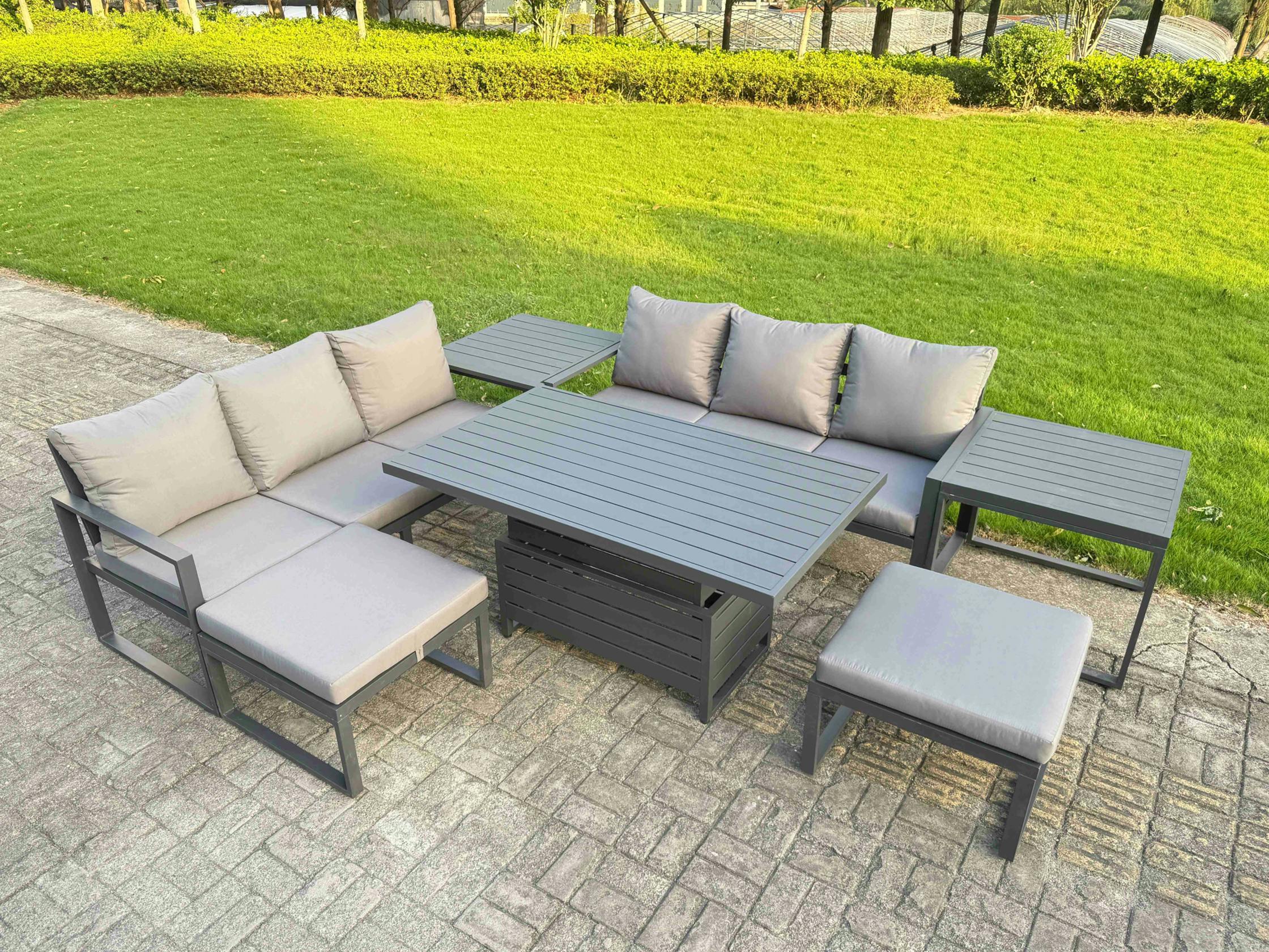 Rackhams Dark/Grey 8 Seater Garden Furniture Set Aluminium Adjustable Rising Lifting Dining Table And Sofa With 2 Side Tables 2 Footstools