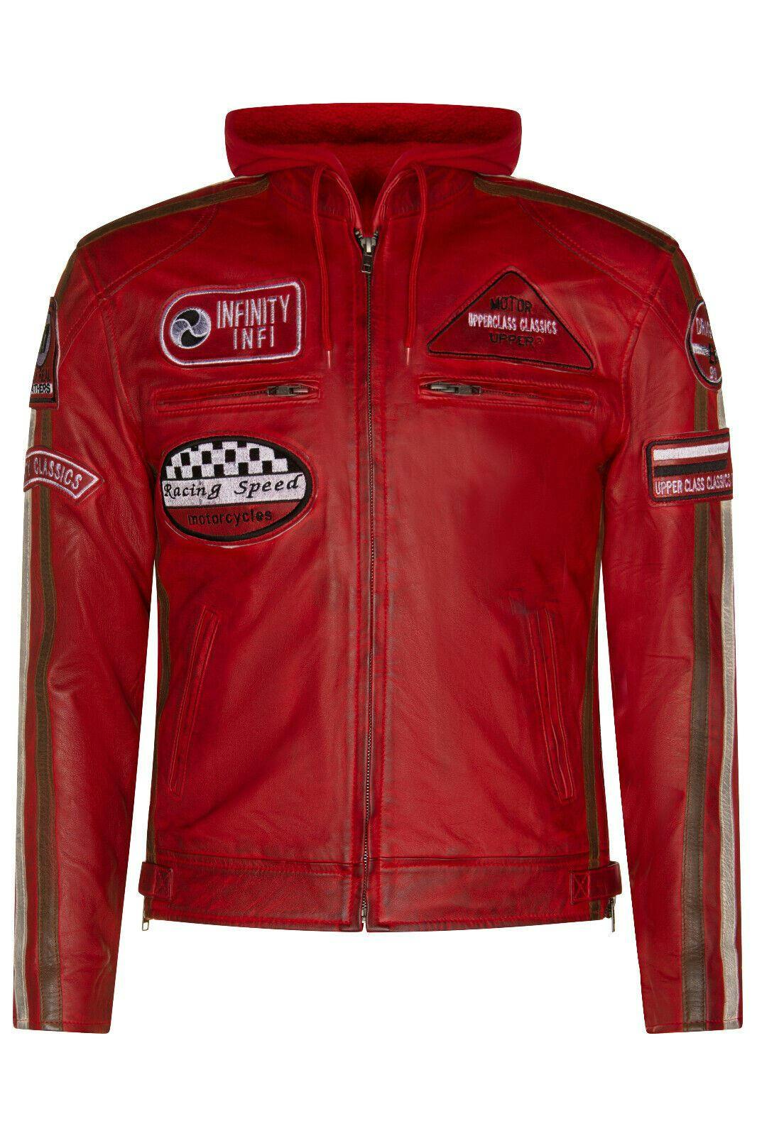 Infinity Leather Men's Red Racing Hooded Leather Biker Jacket-Detroit - Uk Xl | Eu 52 | Us 42