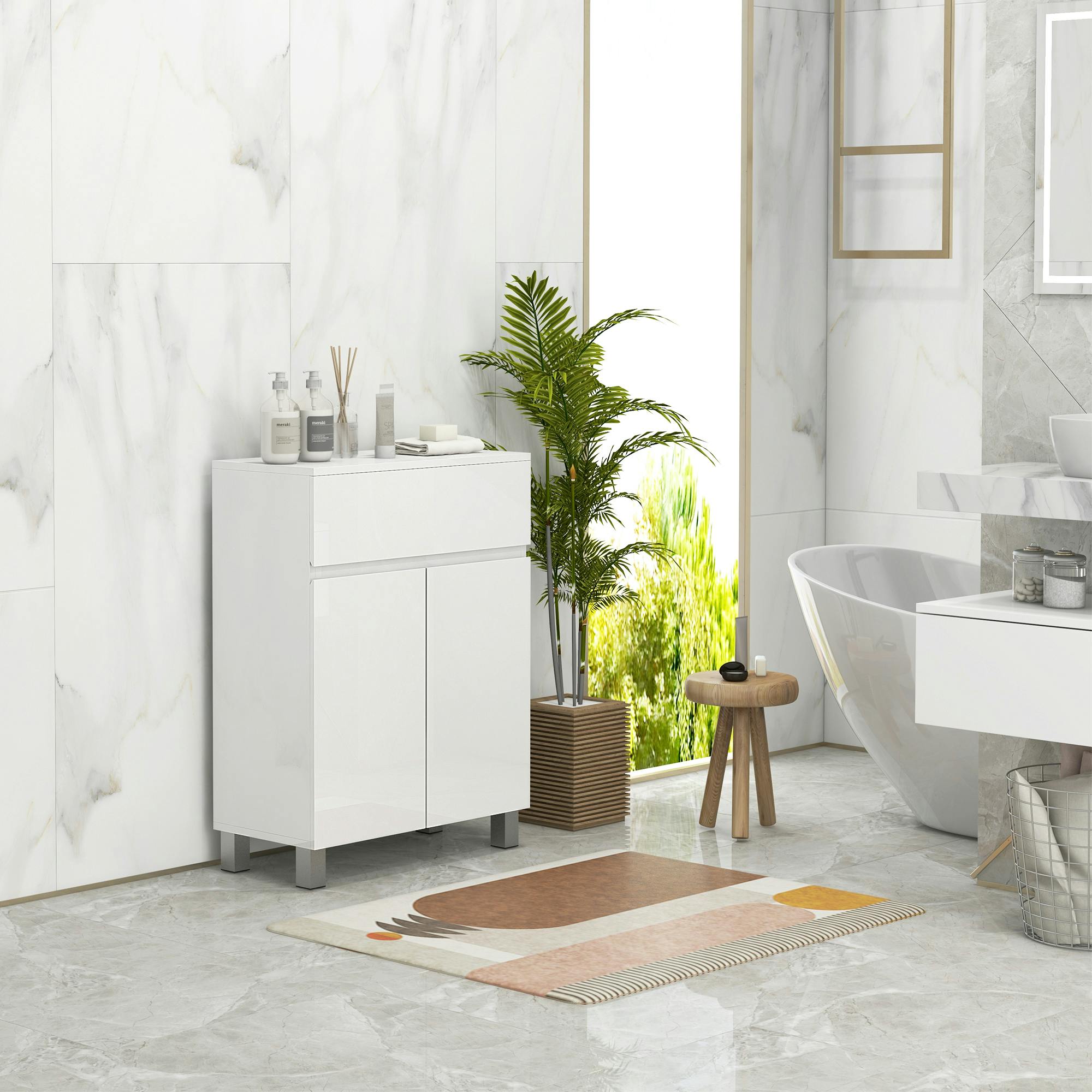 Rackhams High Gloss Bathroom Floor Cabinet Storage Cupboard With Drawer