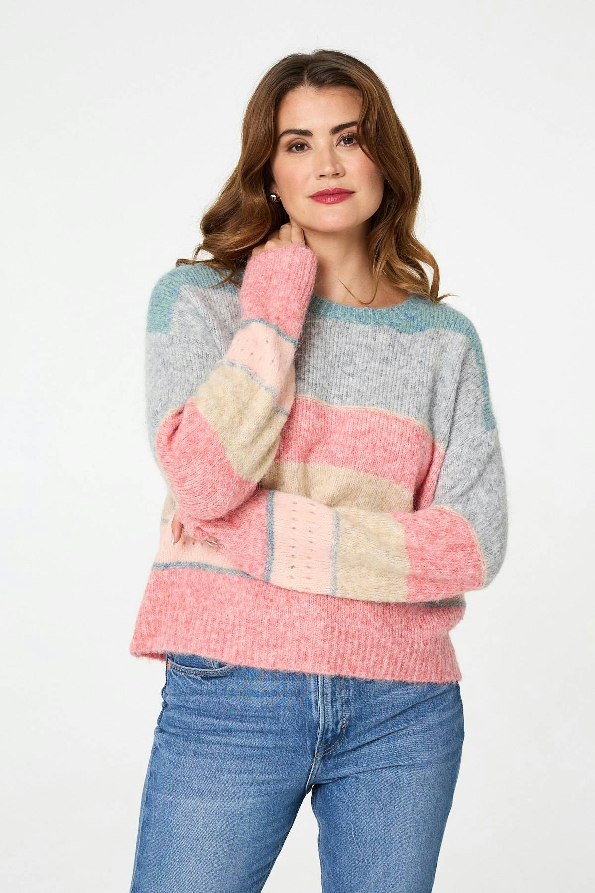 Izabel London Pink Striped Textured Long Sleeve Jumper - 14