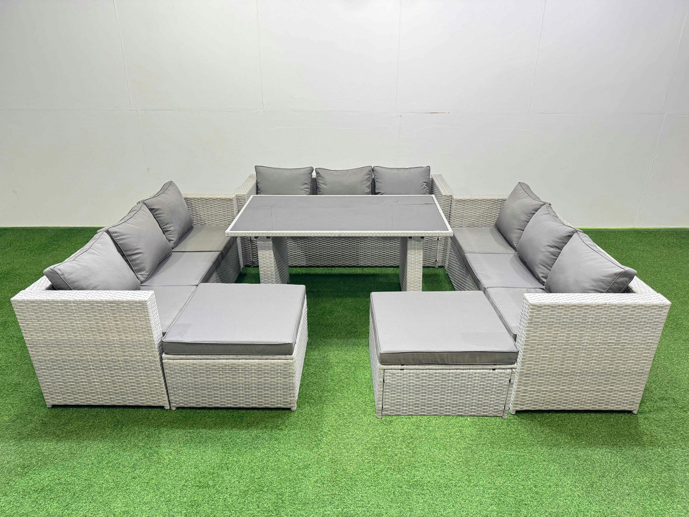 Rackhams Black/Light/Grey Patio Outdoor Garden Furniture Sets With Glass Top Dining Table 3 Seater Sofa 2 Big Stool