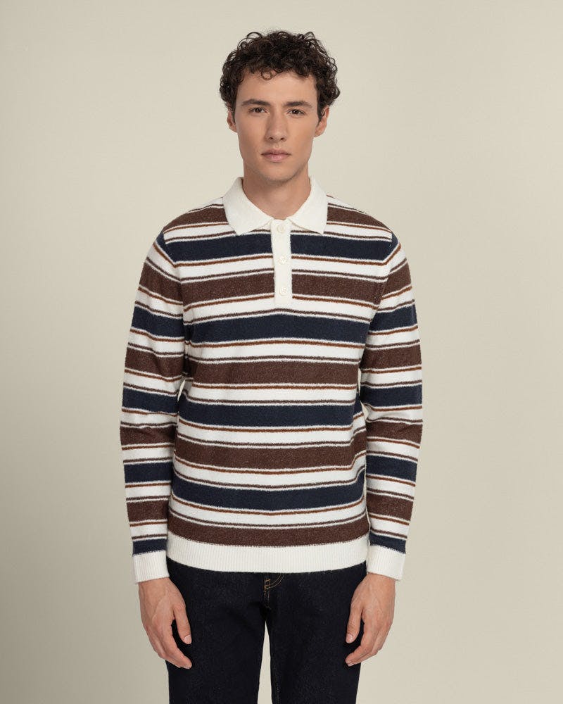Larsson & Co Osterby - Stripe Knitted Long Sleeve Polo Shirt - L - Navy