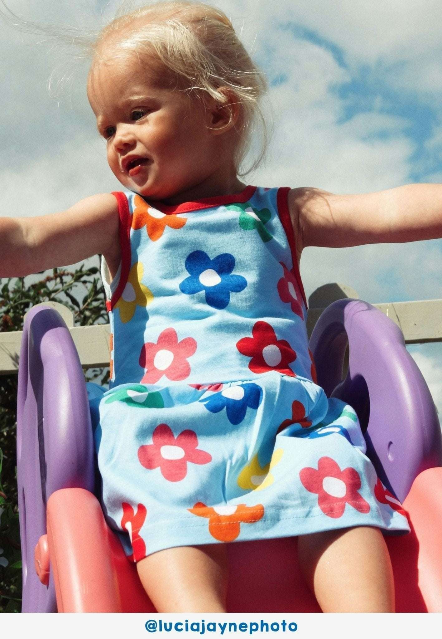 Toby Tiger Red Organic Rainbow Bloom Print Summer Dress - 6-7Y / 122Cm