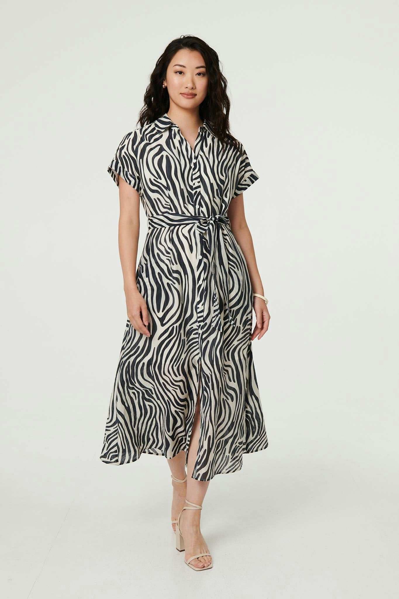 Izabel London Black Zebra Print Tie Waist Midi Shirt Dress - 16