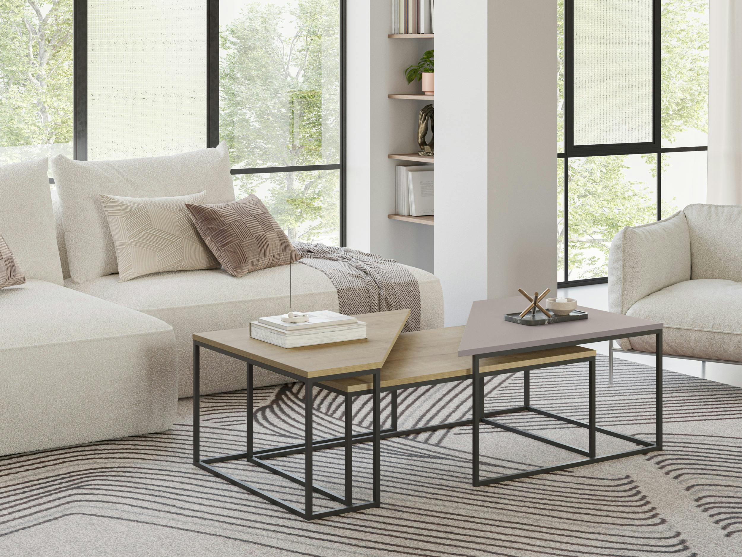 Decortie Grey/Dark Modern Ohlady Coffee Table 3-Piece Centre Table 110(W)Cm Metal Frame Legs Living Room - Oak-Mocha