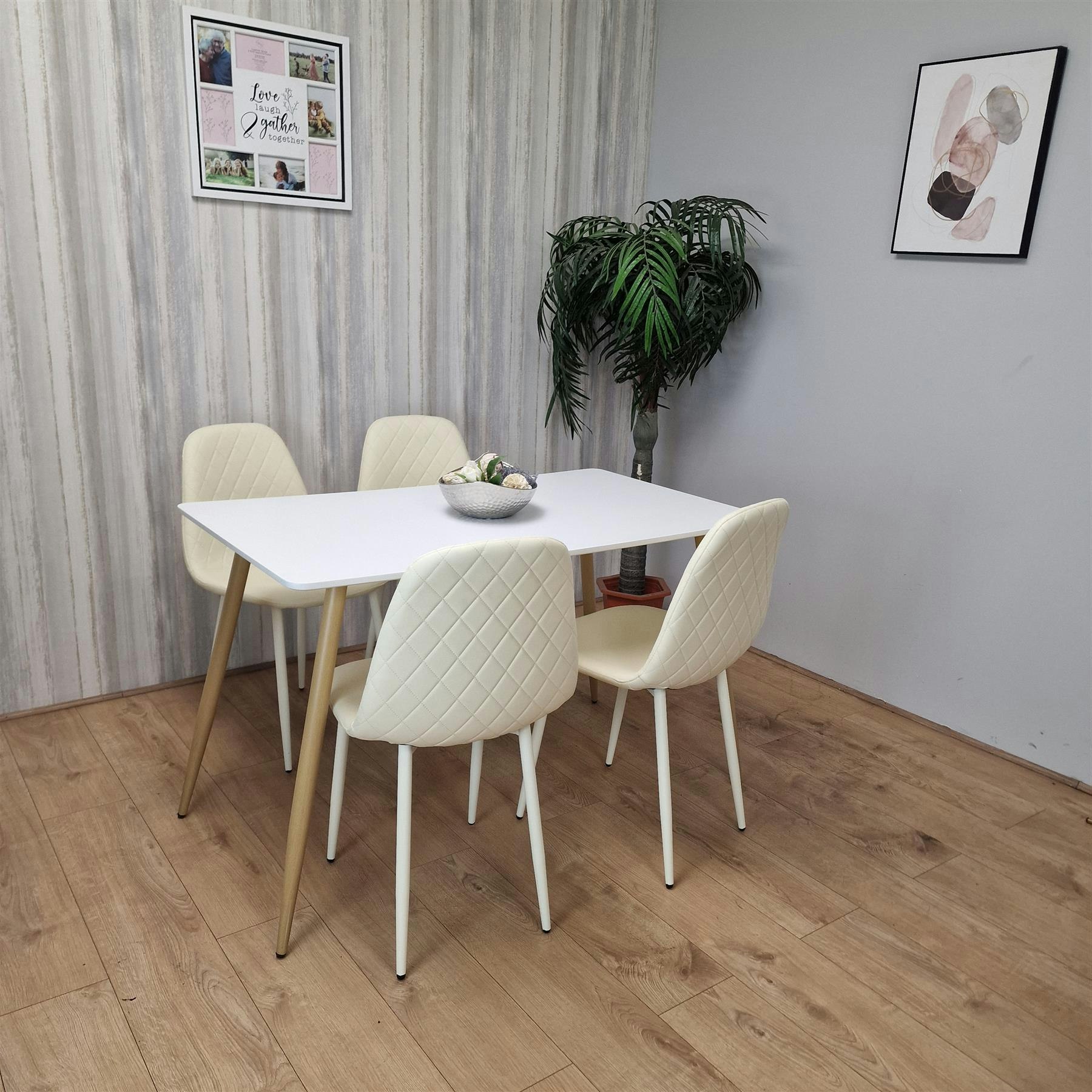 Portland 4 Seater Faux Leather Dining Set - White Table & Cream Chairs - Image 5