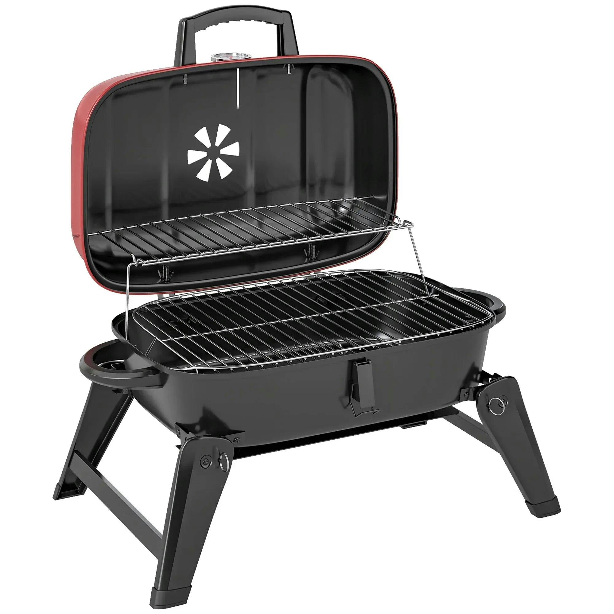 Outsunny Charcoal Barbecue Grill Portable BBQ Grill 59 x 37 x 36 cm Red | Folding Design, 1232 cm² Cooking Area, Adjustable Vent, Thermometer, Handles, for Camping, for Picnic - Image 6