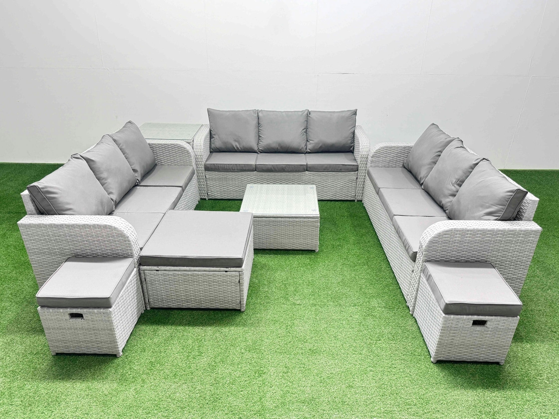 Fimous Light/Grey Pe Rattan Lounge Sofa Set 12 Seater Outdoor Garden Furniture Set With Square Coffee Table 3 Seater Sofa 3 Stools Side Table