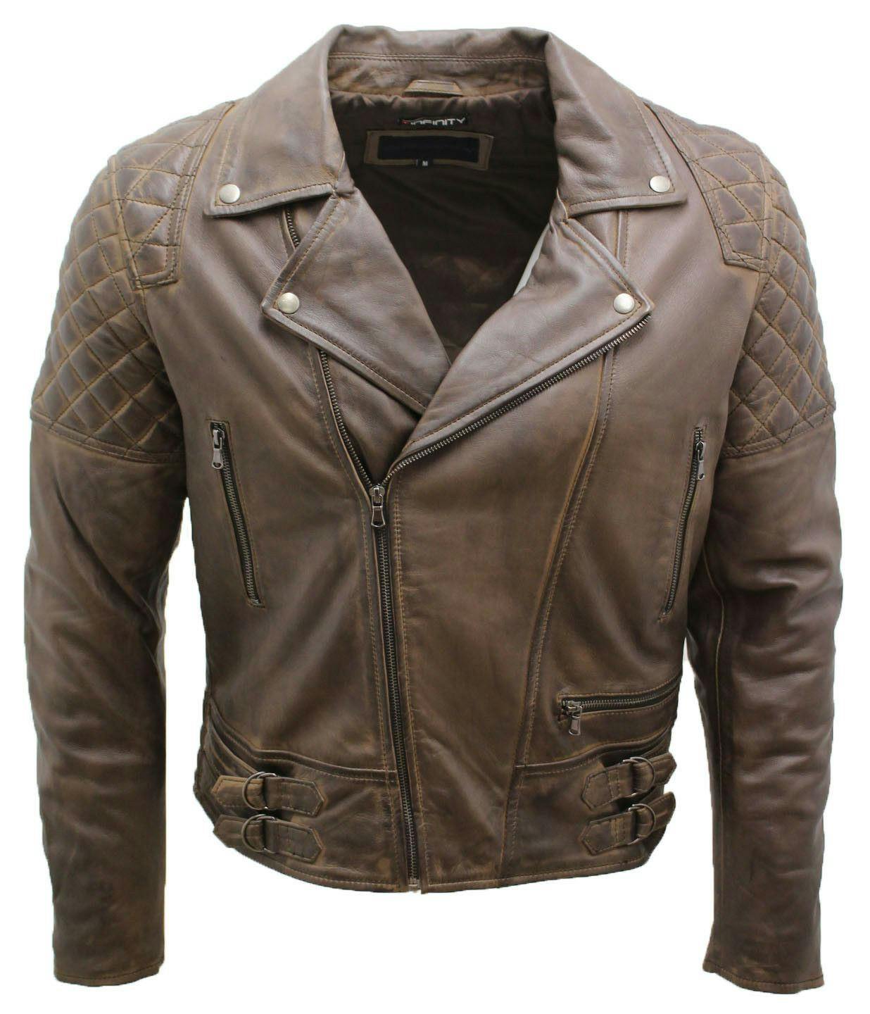 Infinity Leather Men's Bordeaux/Brown Quilted Leather Biker Jacket - Uk 3XL | Eu 56 | Us 46