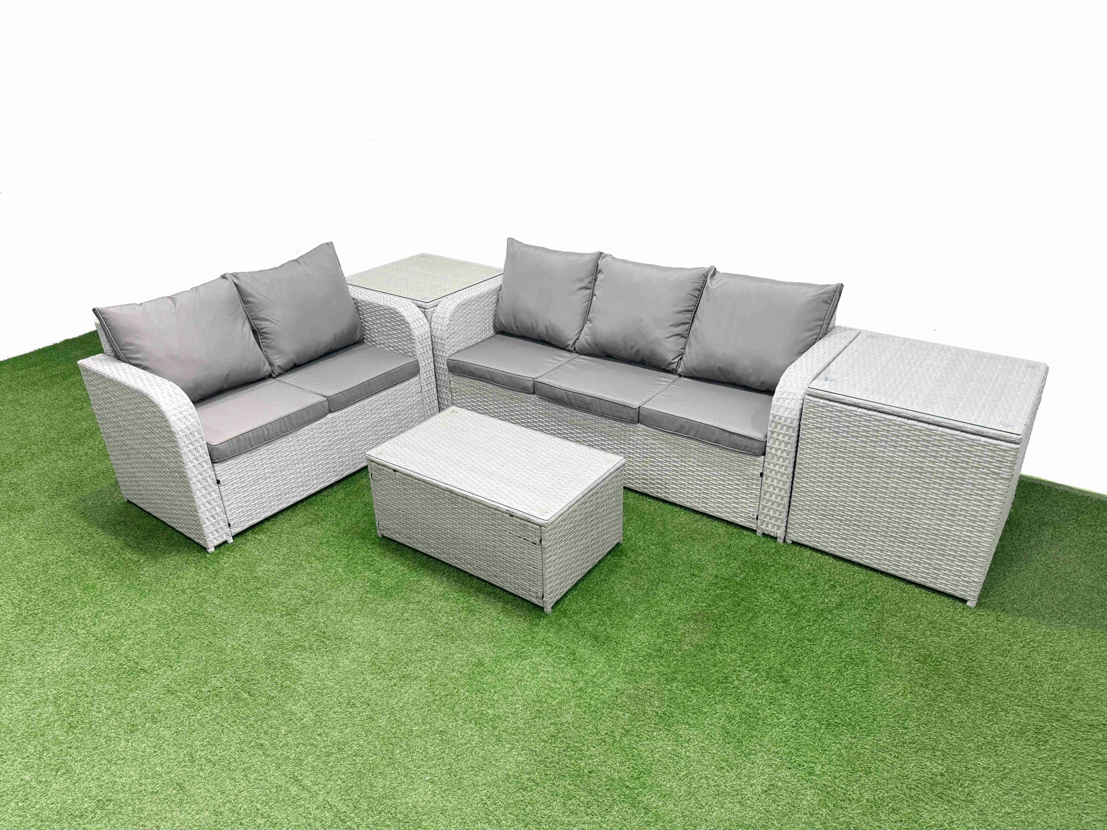 Fimous Light/Grey 5 Seater Pe Rattan Wicker Garden Furniture Patio Conservatory Sofa Set With Rectangular Coffee Table 3 Seater Sofa Love Sofa 2 Side Table