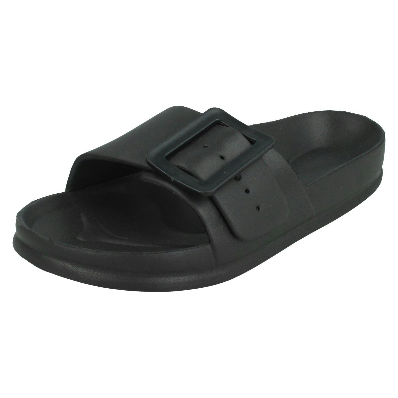 Spot On Women's Black Flat Buckle Mules F00349 - Uk 6