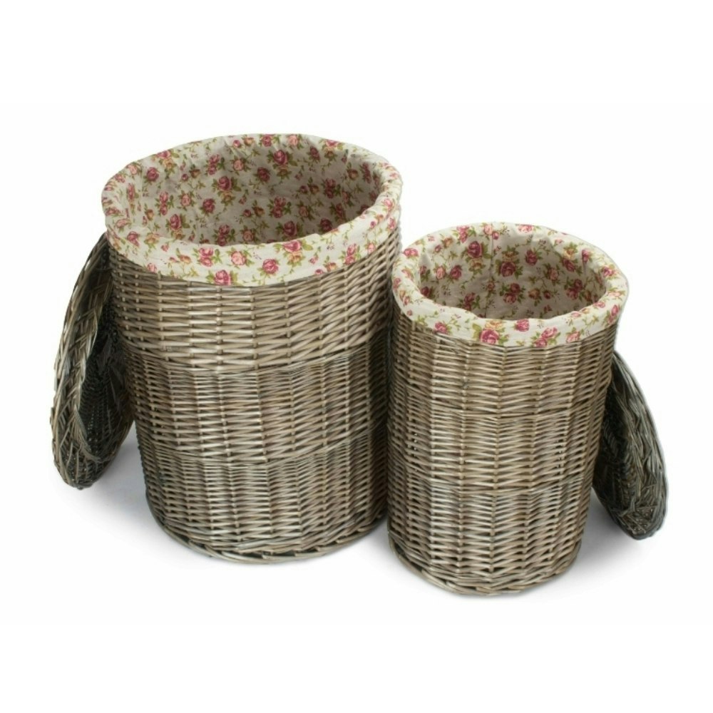 Red Hamper Antique Wash Round Laundry Basket Set 2 With Garden Rose Lining