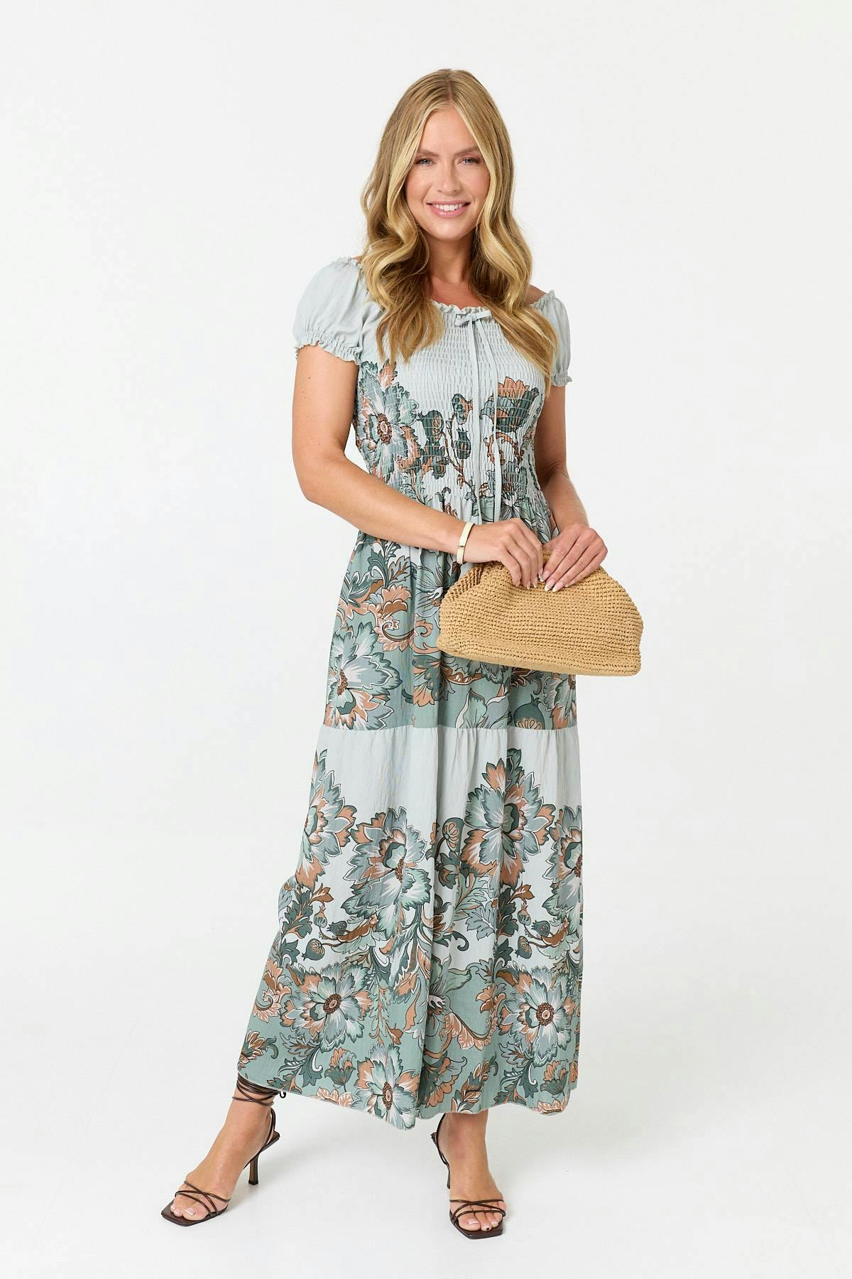 Izabel London Green Floral Bardot Short Sleeve Maxi Dress - S