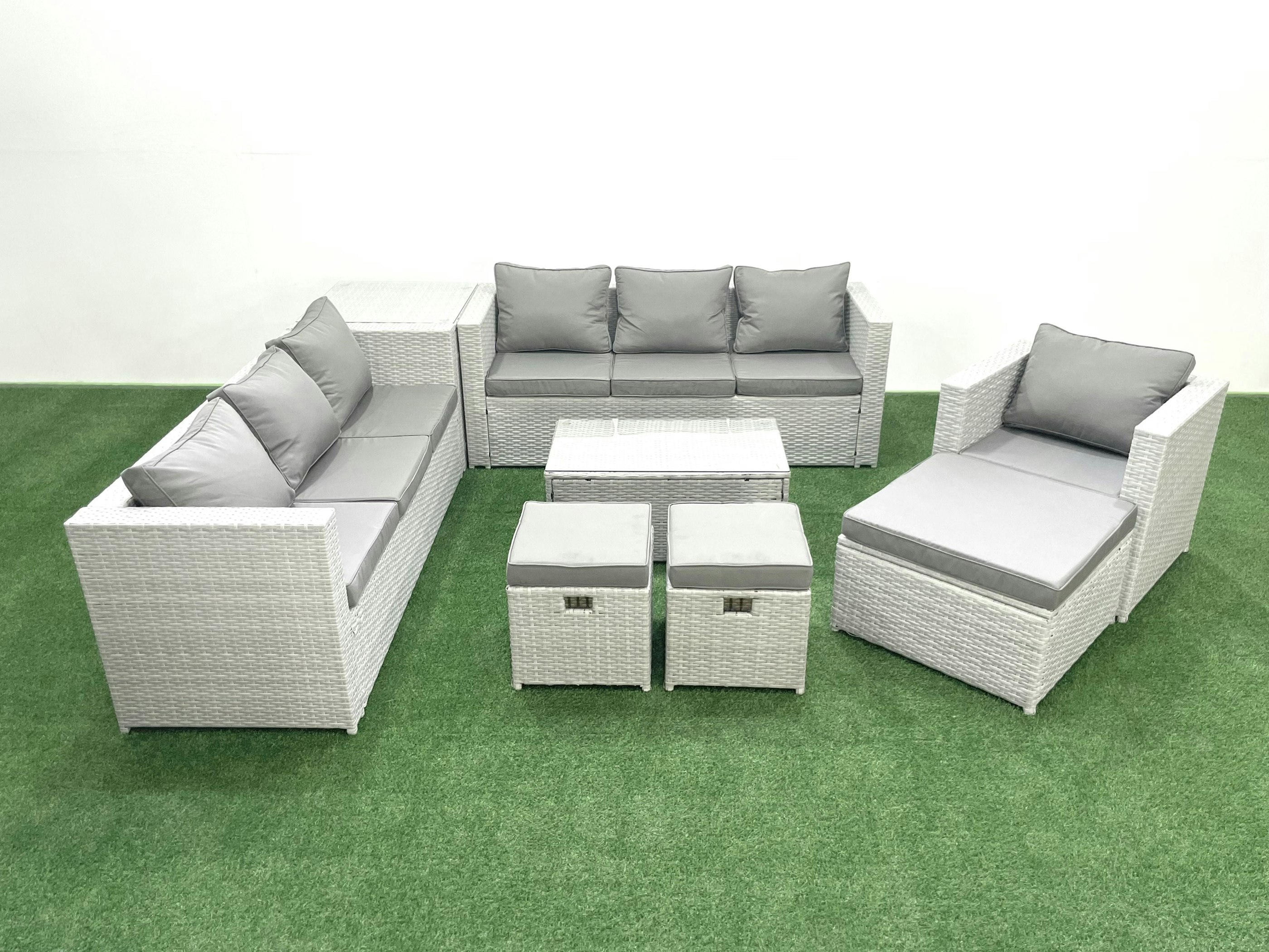 Rackhams Light/Grey Wicker Pe Rattan Sofa Garden Furniture Set With Armchair Oblong Coffee Table 3 Footstools Side Table Mixed